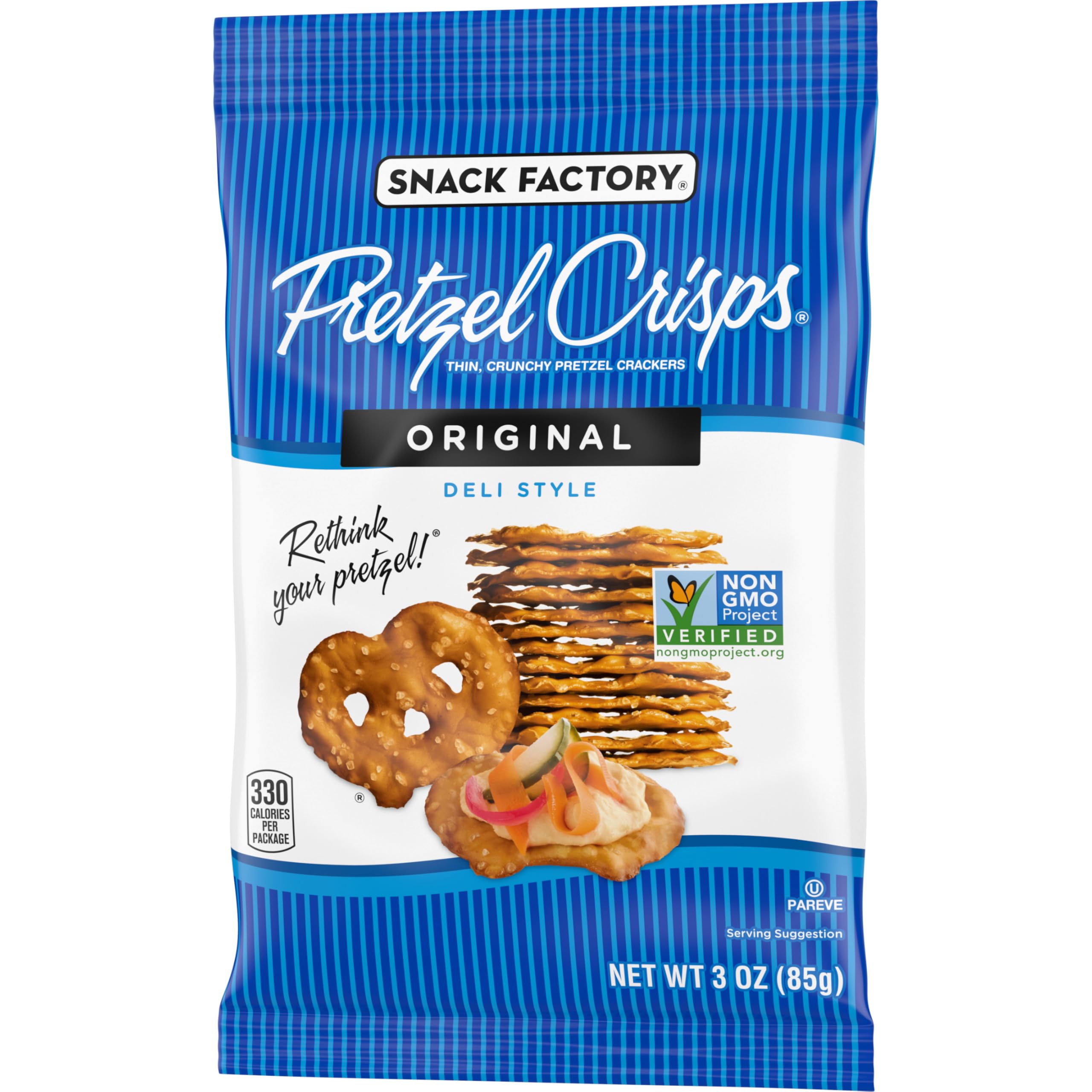 Snack Factory Pretzel Crisps Original ideal travel or lunchbox snack.