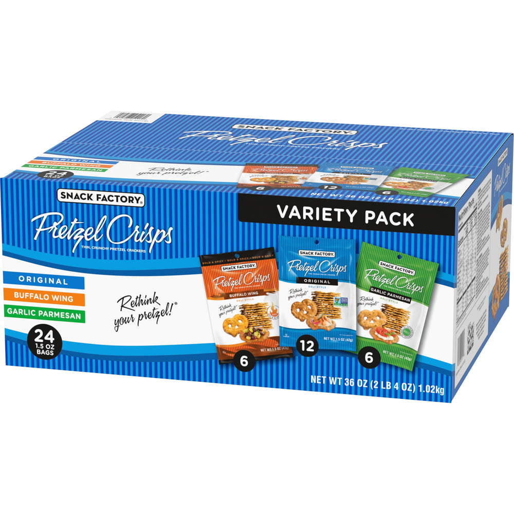 Snack Factory Pretzel Crisps 24-pack, pantry-friendly snacking