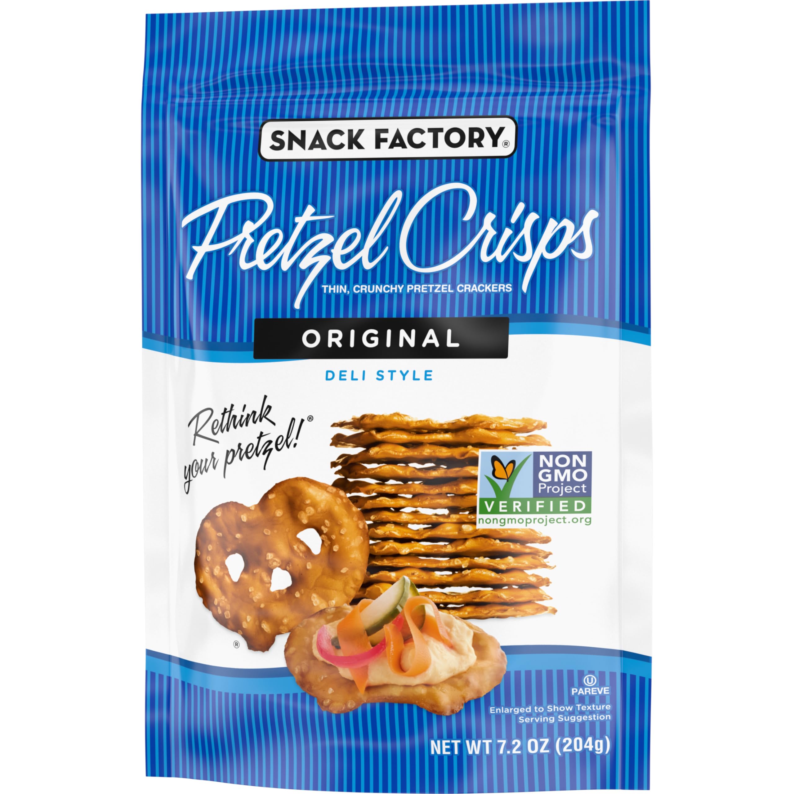 Snack Factory Pretzel Crisps resealable bag close-up, pantry-friendly snack storage.