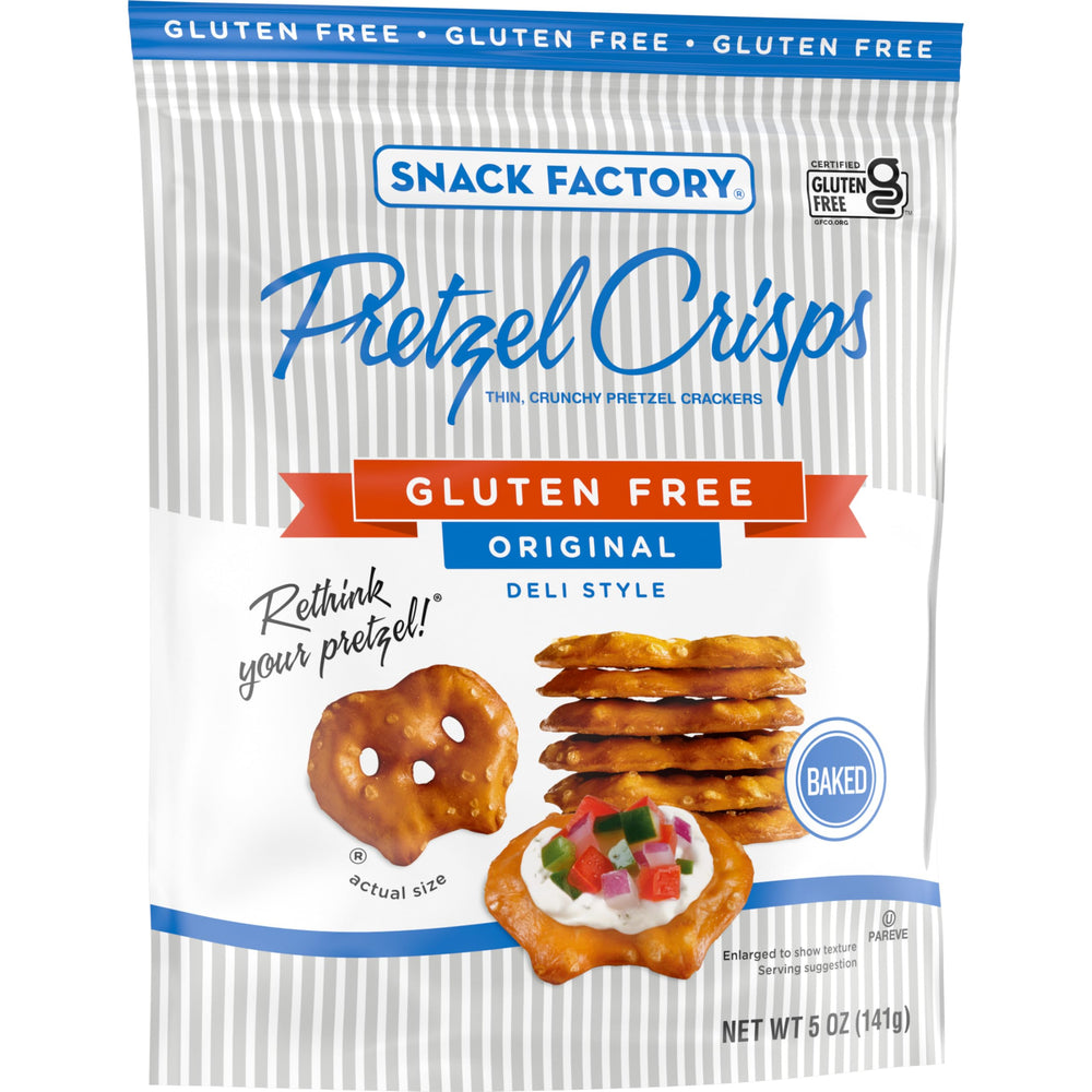 Snack Factory Pretzel Crisps resealable bag keeps crisps fresh.