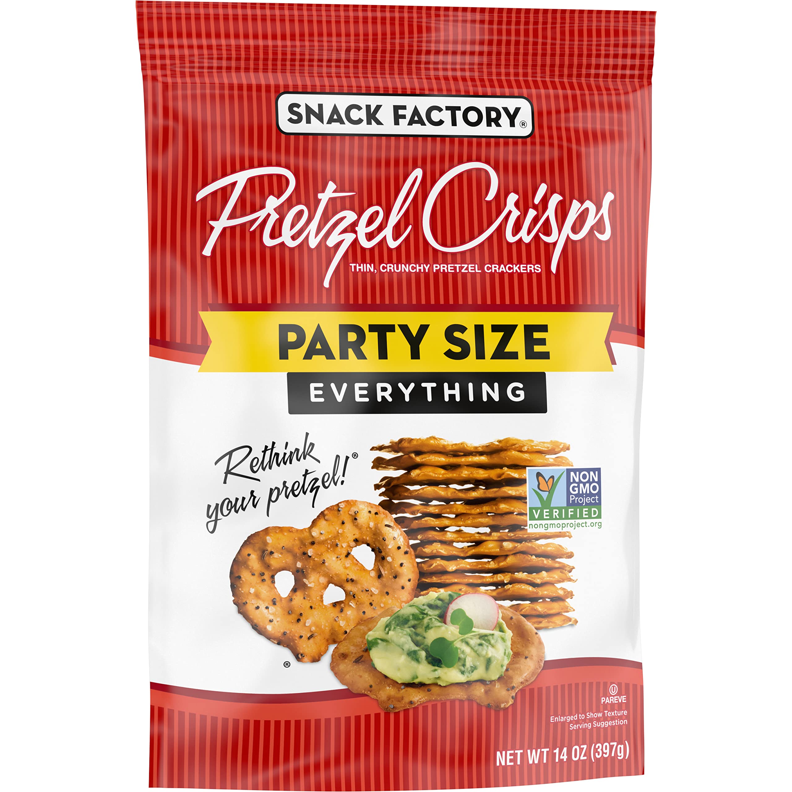 Serving idea with Snack Factory Pretzel Crisps arranged on a platter for guests.