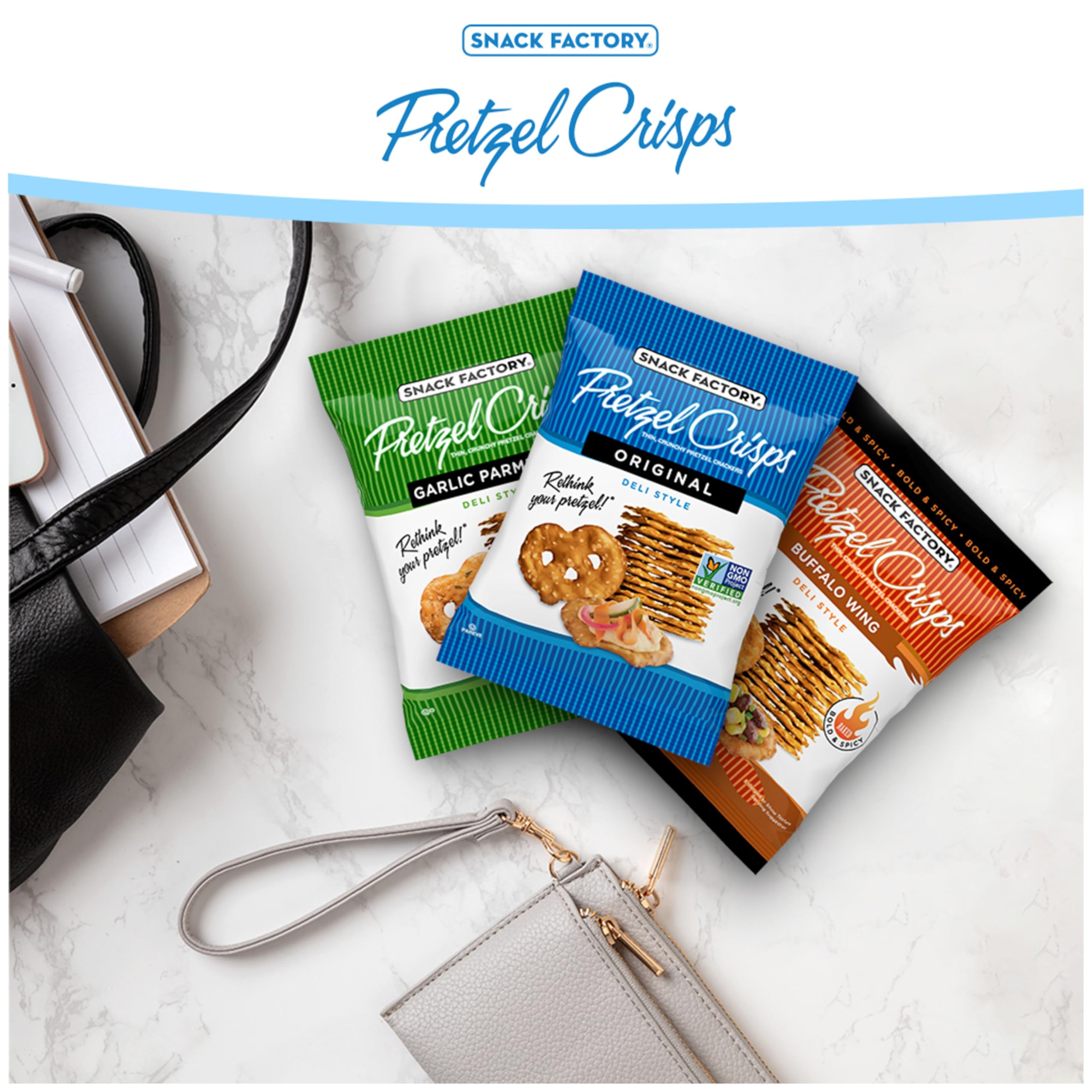 Snack Factory Pretzel Crisps Variety Pack front box for easy sharing