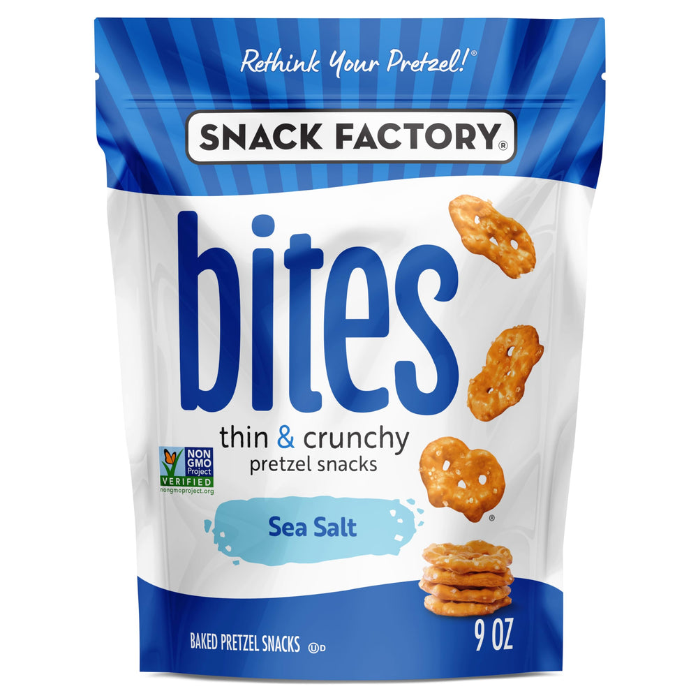 Snack Factory Sea Salt Bites bag front with resealable closure for freshness