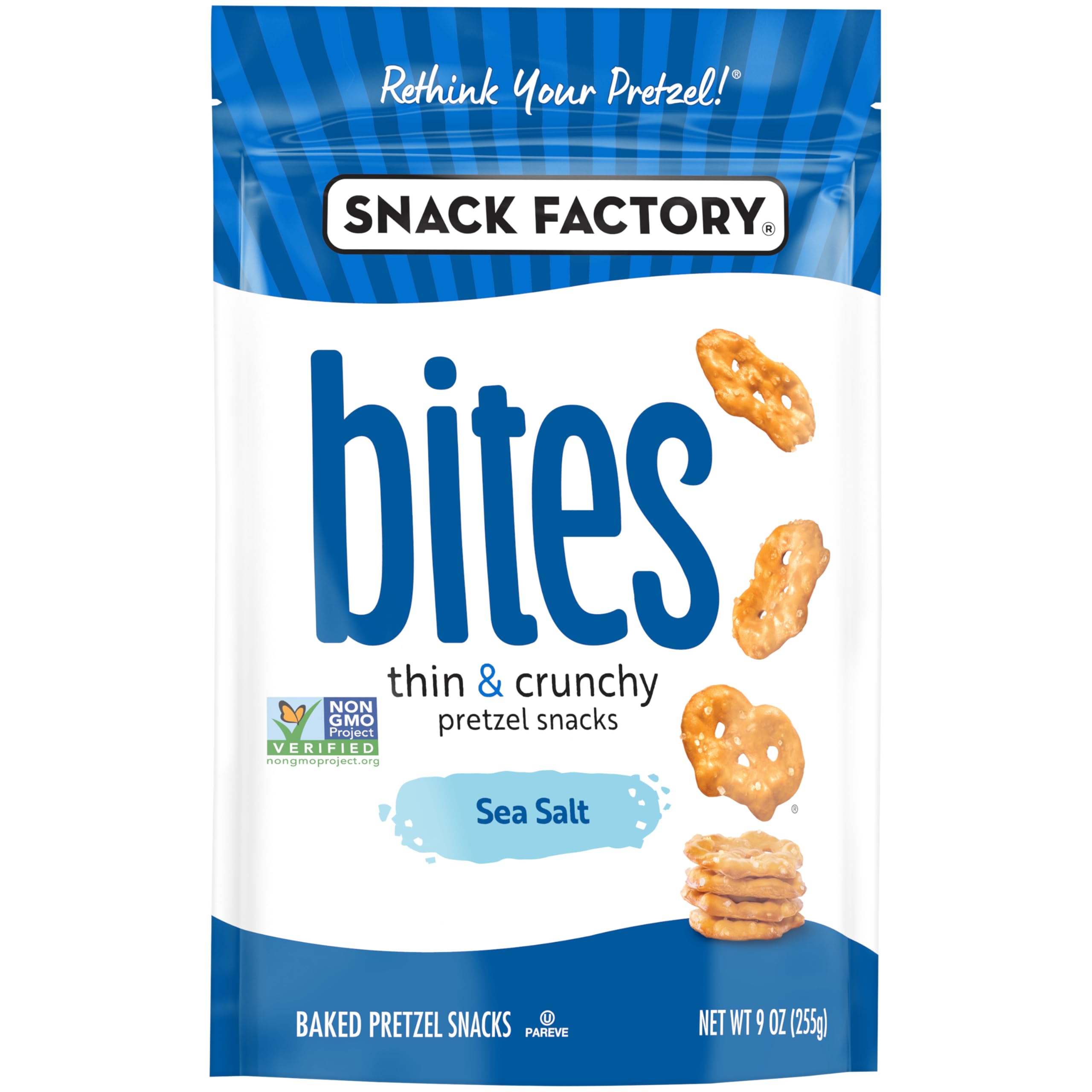 Non-GMO label visible on Snack Factory Sea Salt Bites package
