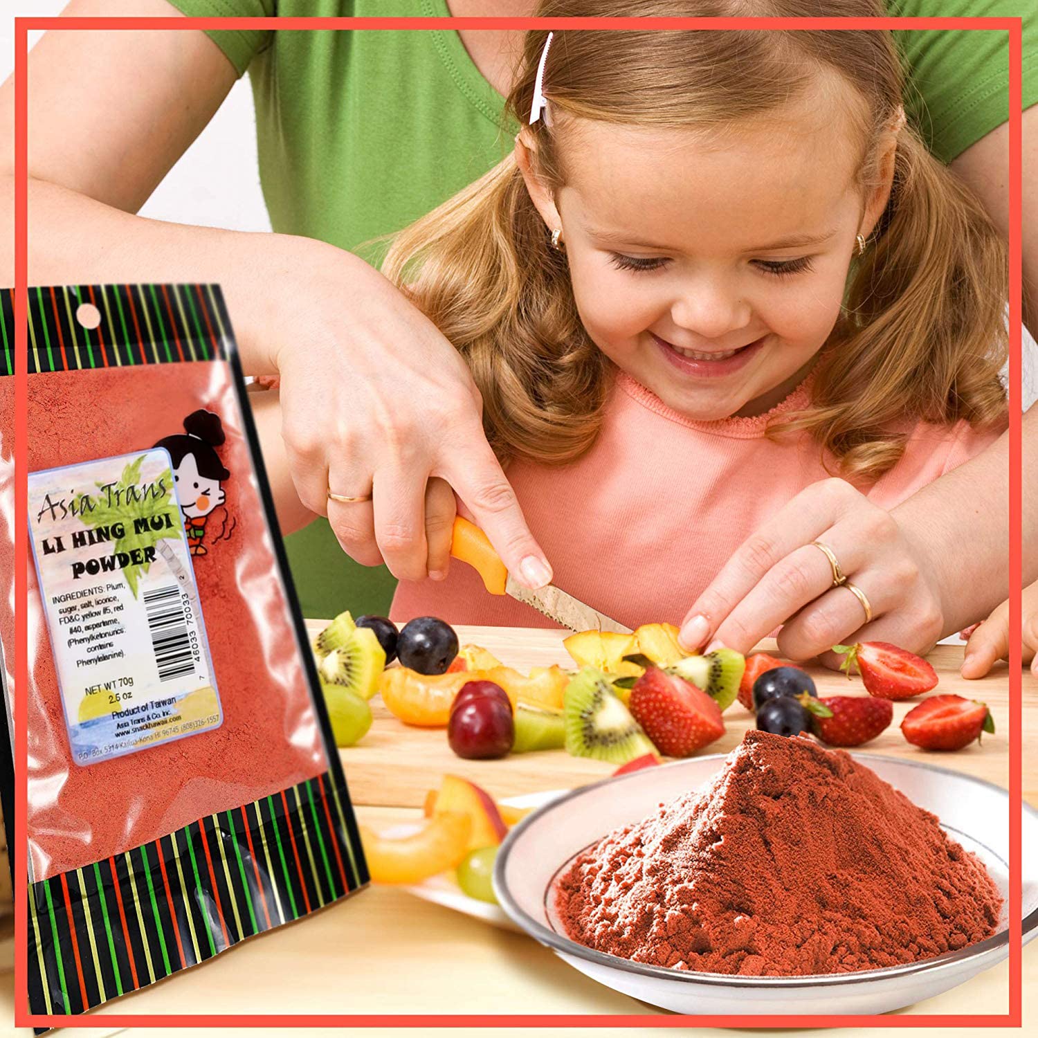 Snack Hawaii Li Hing Mui powder sprinkled on gummies or popcorn for bold flavor.