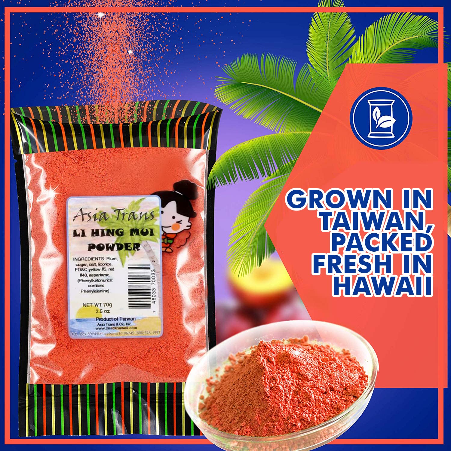 Snack Hawaii Li Hing Mui powder on shaved ice delivering refreshing island flavor.