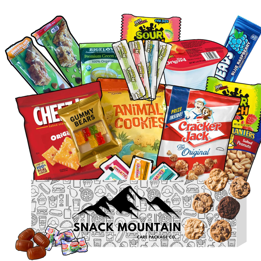 Snack Mountain 25-count care package with assorted snacks for holidays