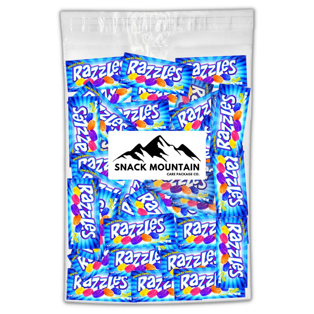 Snack Mountain Razzles candy gum 60-count bag shown, ideal for sharing at events