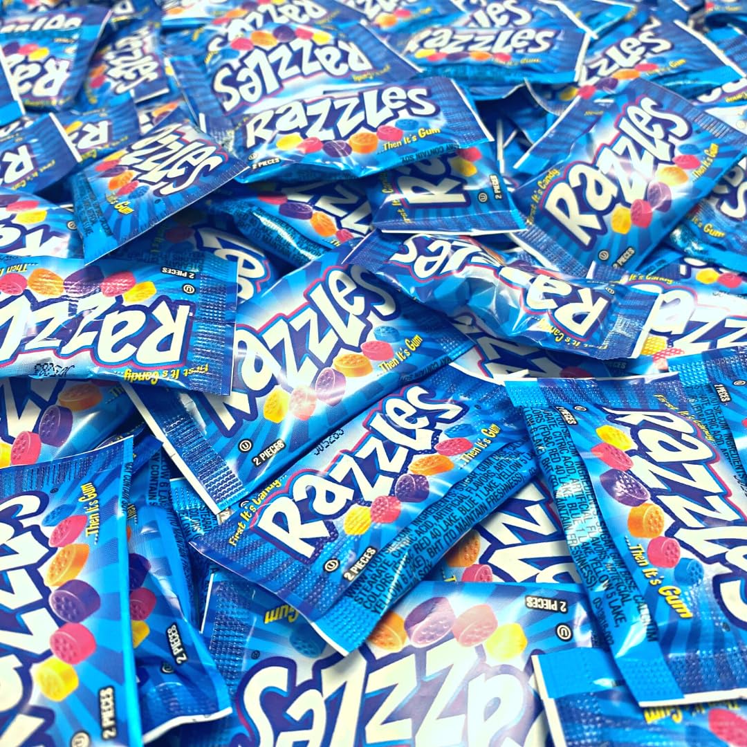 Snack Mountain Razzles variety flavors on display, great for nostalgic celebrations