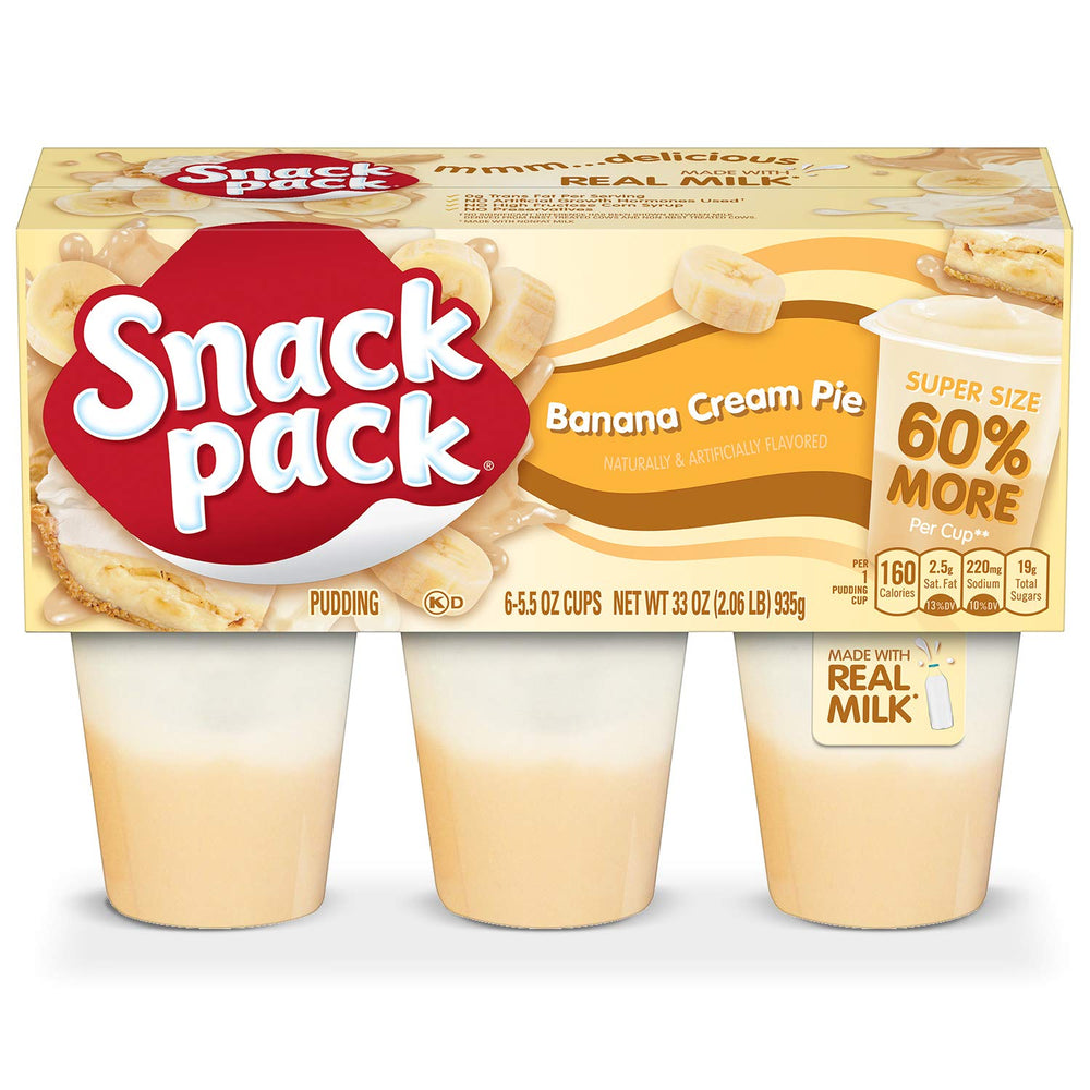 Snack Pack Banana Cream Pie pudding cups front view, tasty snack for kids