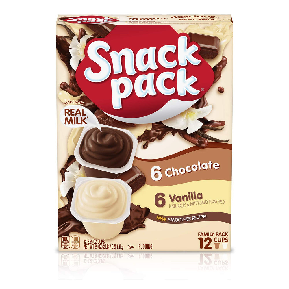 Snack Pack 12-count chocolate and vanilla pudding cups on kitchen counter, convenient snack.