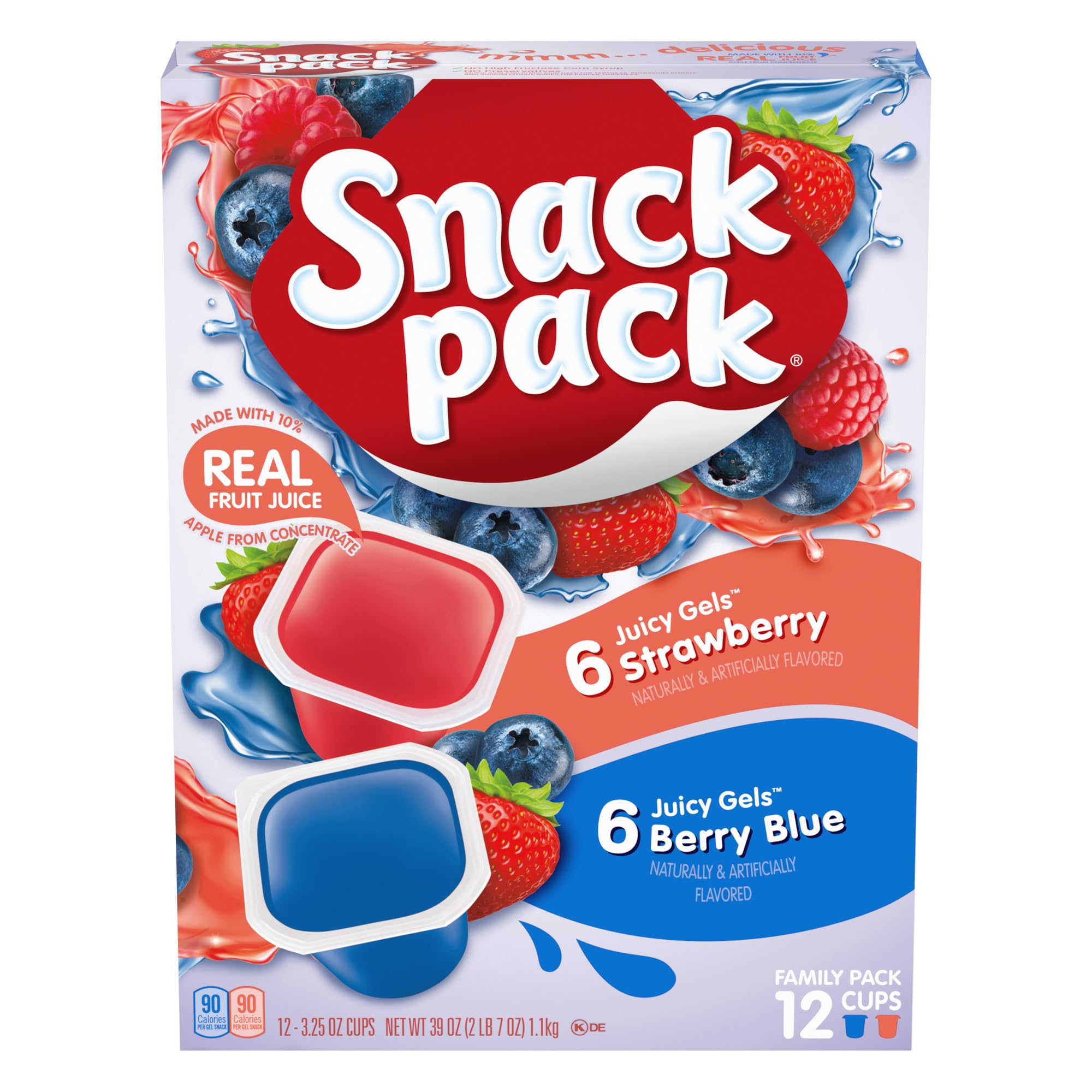 Snack Pack Juicy Gels cup with strawberry and berry blue flavors, gluten-free snack