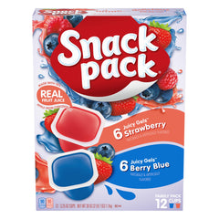 Snack Pack Juicy Gels cup with strawberry and berry blue flavors, gluten-free snack