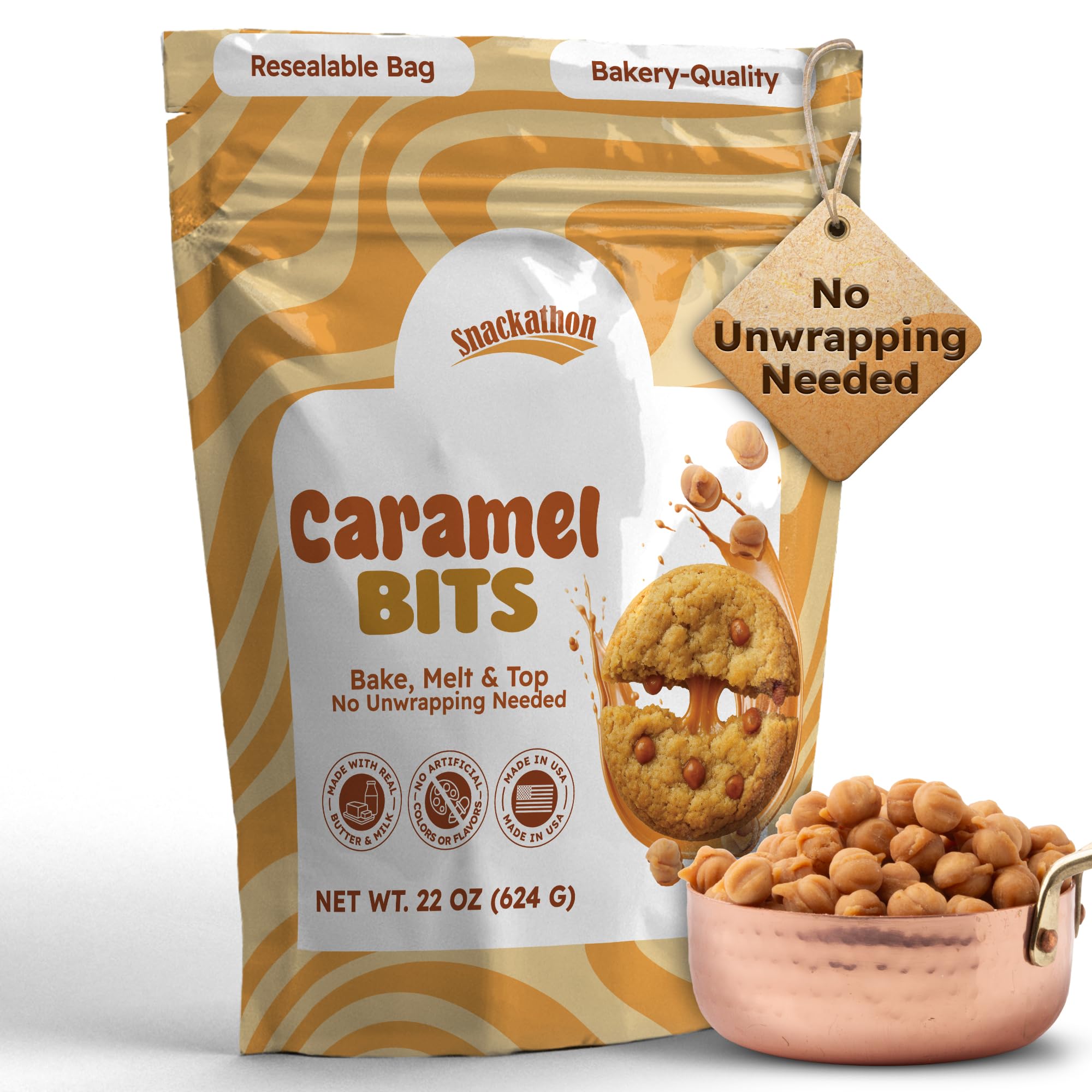 Snackathon Caramel Bits bulk bag with resealable pouch for freshness.