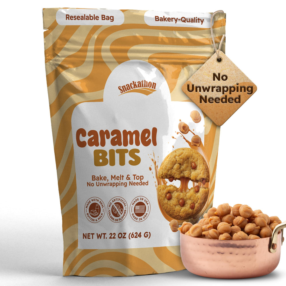 Snackathon Caramel Bits bulk bag with resealable pouch for freshness.