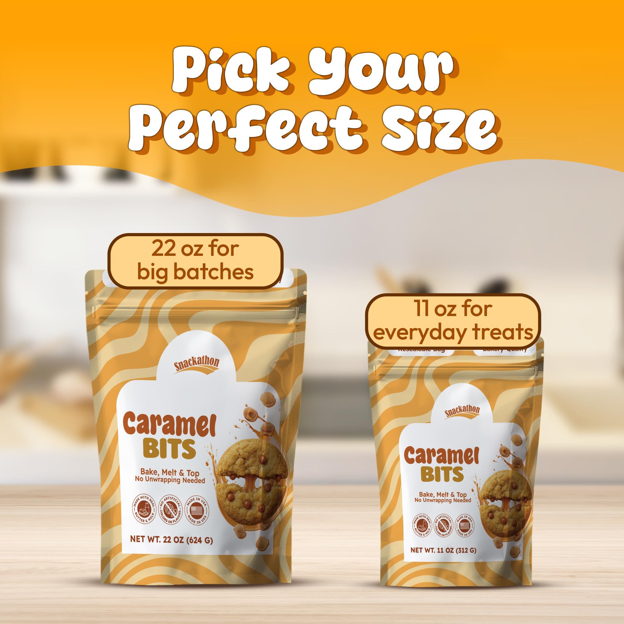 Snackathon Caramel Bits resealable pouch maintains freshness.