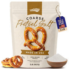 Snackathon coarse pretzel salt adds heat-resistant texture to oven-baked pretzels.