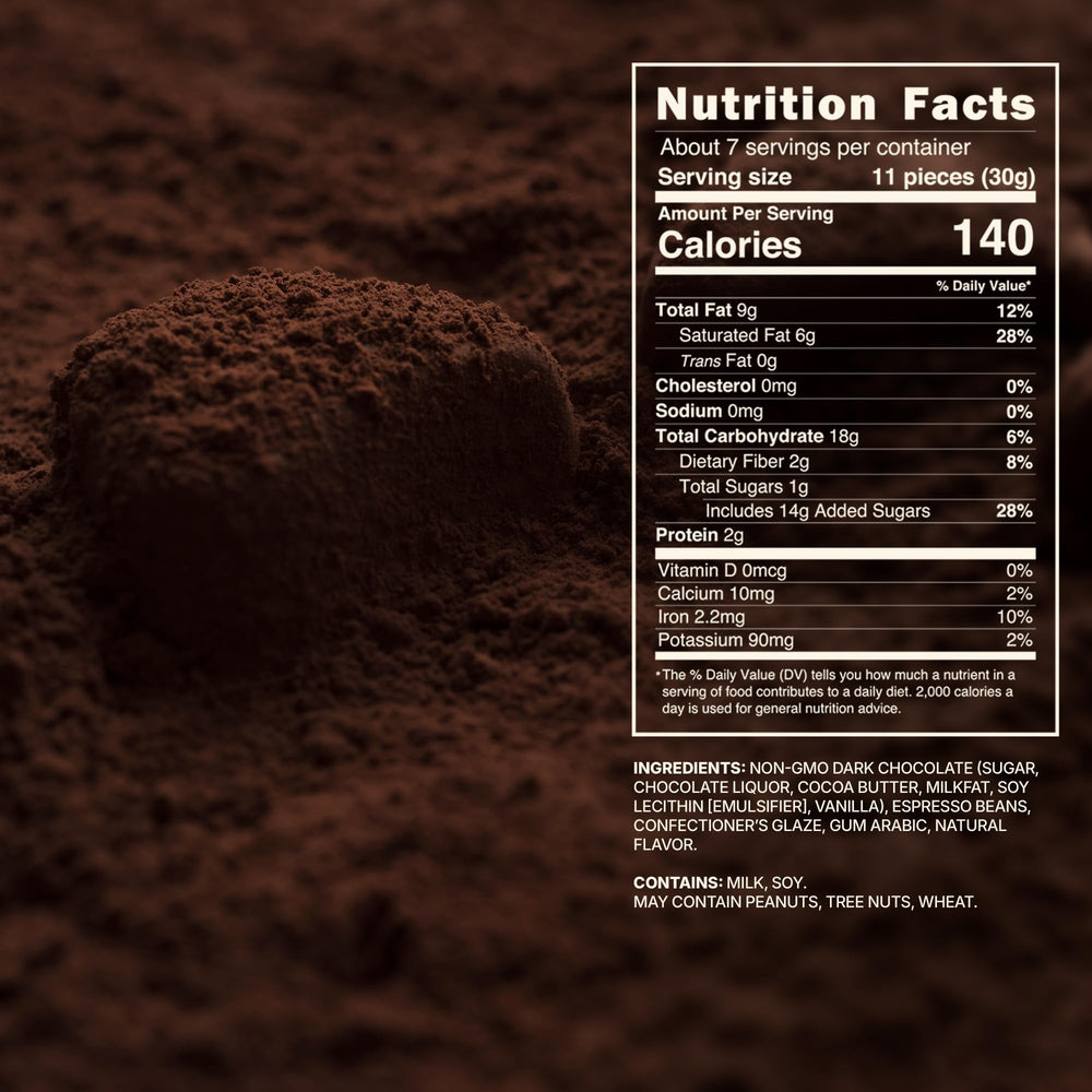 Snackathon espresso beans closeup highlights glossy coating and bold flavor notes.