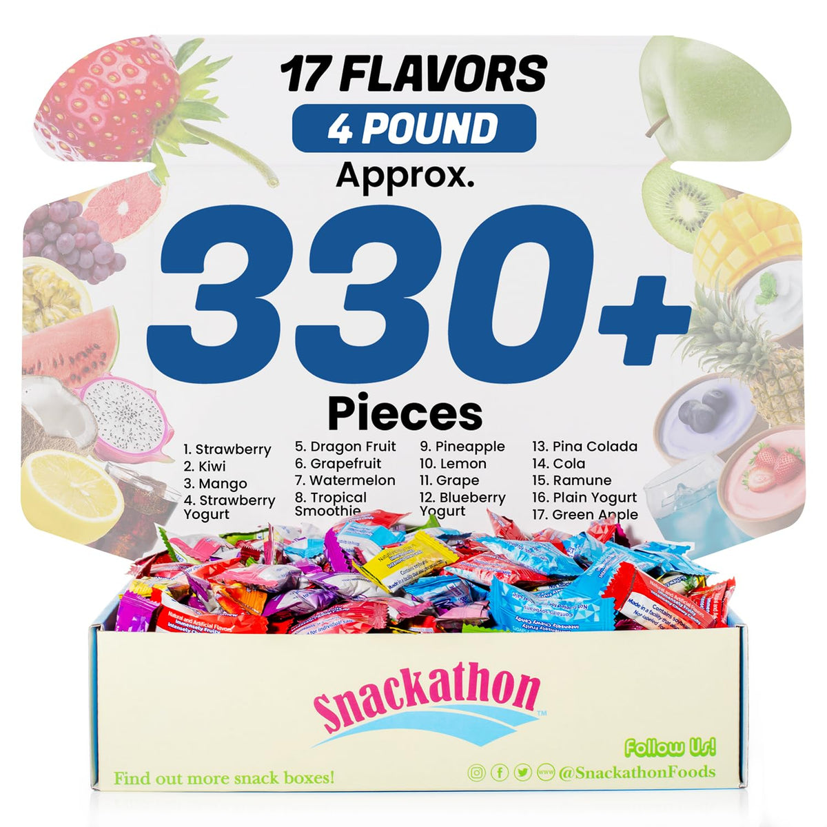 Snackathon Fruit Chew bulk packaging shows 17 flavors for office snacking.