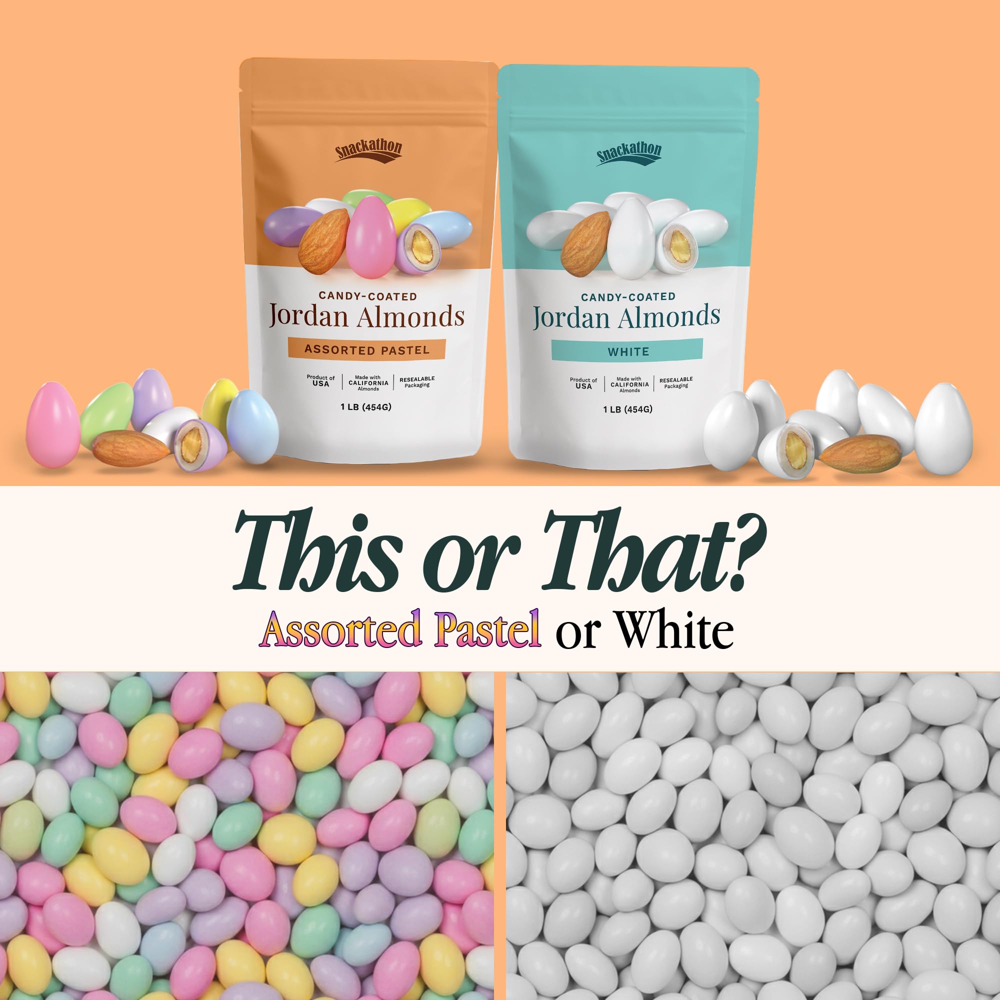 Snackathon Jordan Almonds bridal showers provide colorful guest treats.