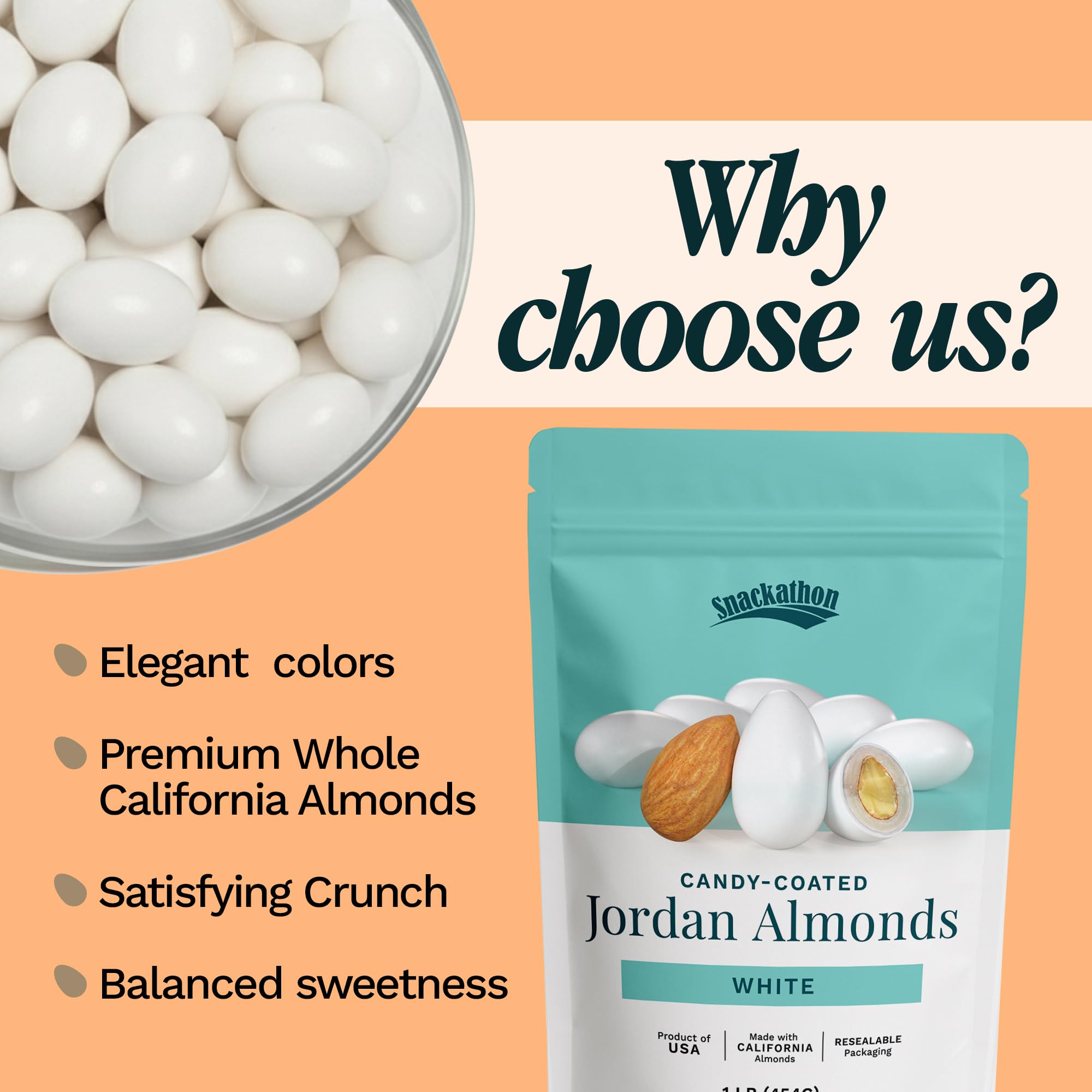 Snackathon Jordan almonds crisp-shell closeup highlights premium roasted almond interior.