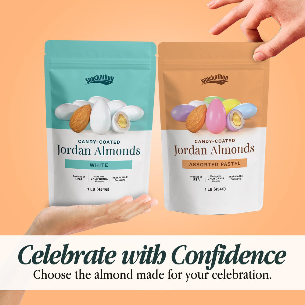 Snackathon Jordan almonds event buffet setup featuring elegant white treats.