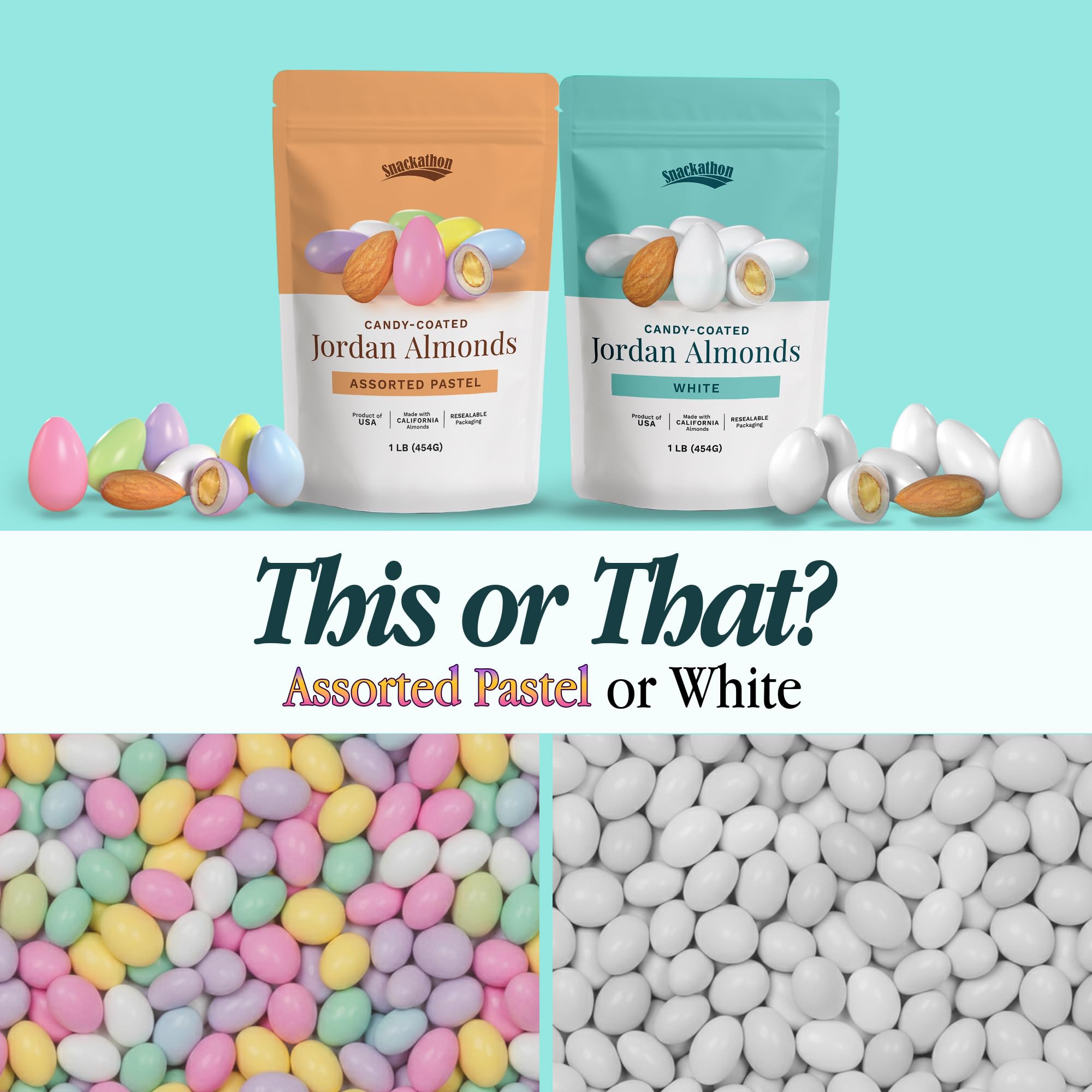 Snackathon Jordan almonds wedding favor display with white candy coating.