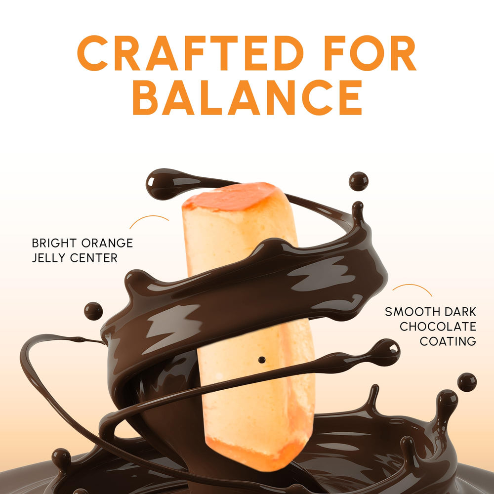 Snackathon orange jelly centers reveal soft, chewy texture under rich chocolate.