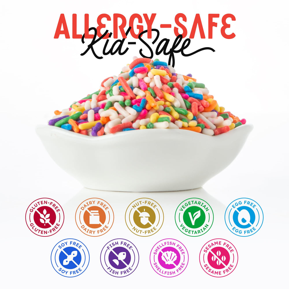 Snackathon rainbow sprinkles on cakes for festive decoration