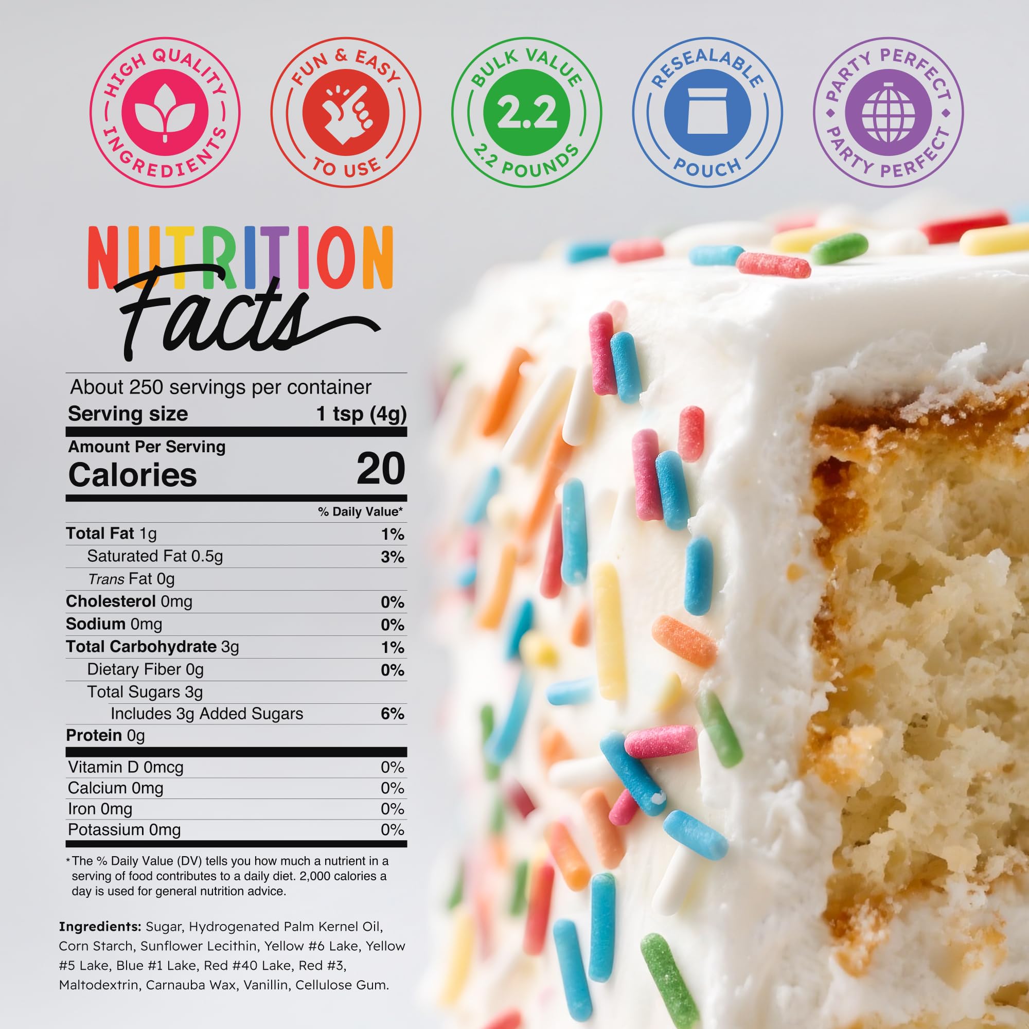 Snackathon rainbow sprinkles in resealable pouch to keep freshness