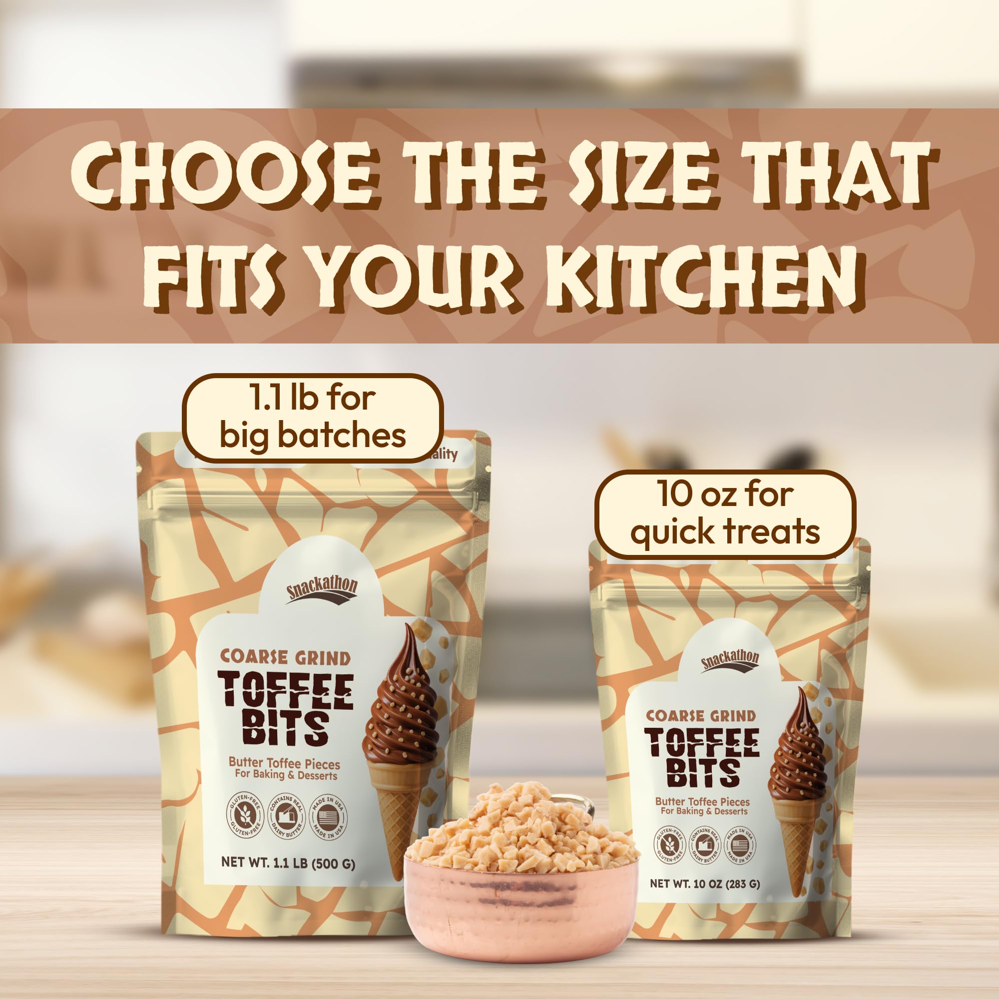 Snackathon Toffee Bits sprinkled on cupcakes for gourmet sweetness.