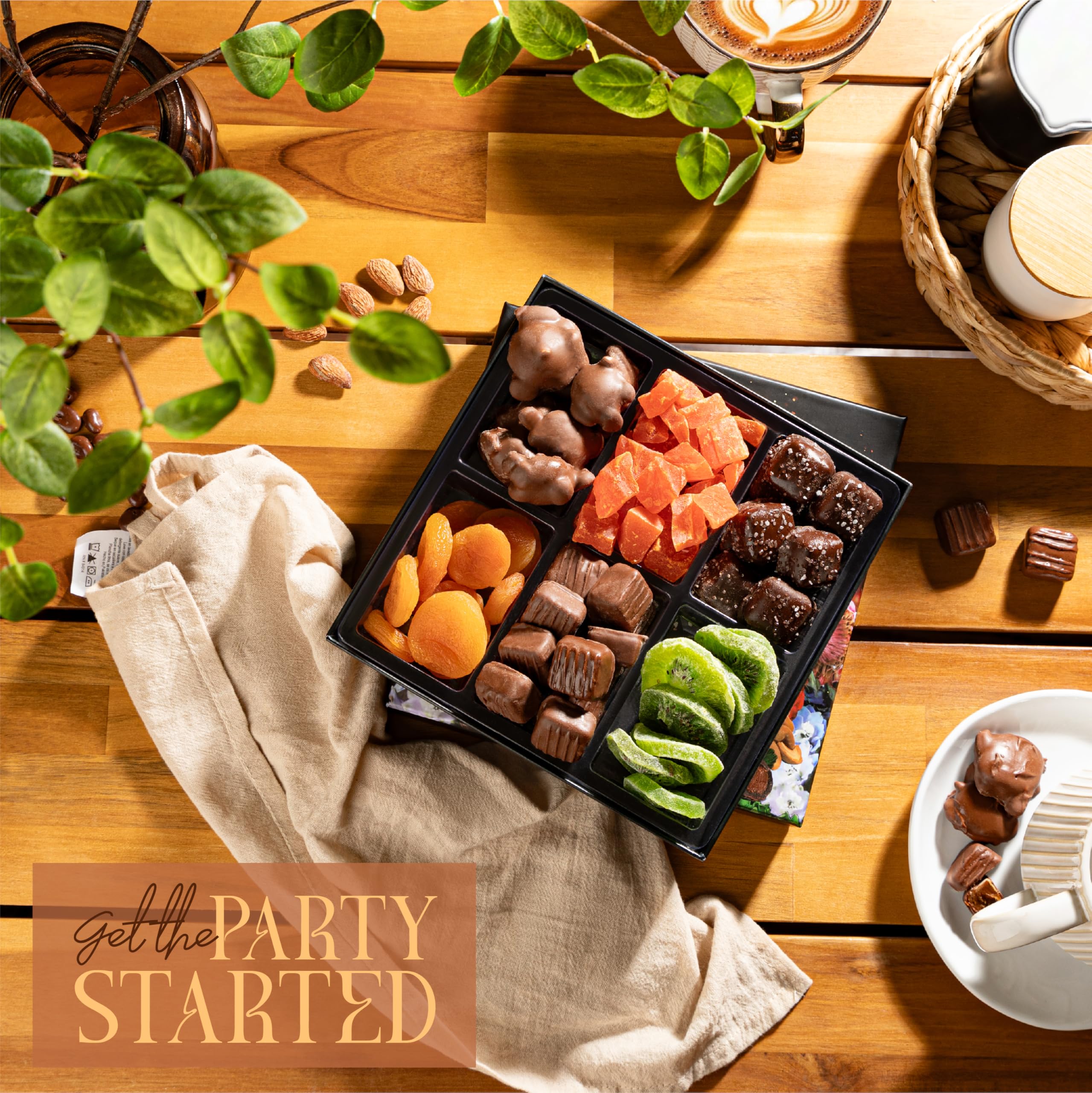Snackberry dried kiwi and papaya slices highlight a fruity balance with indulgent bites