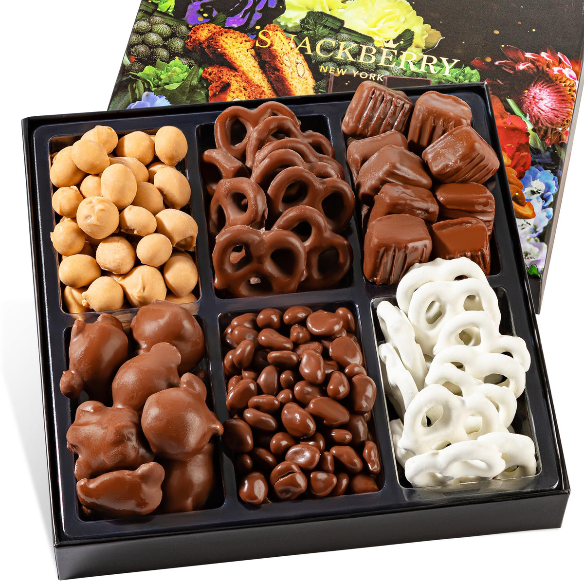 Snackberry Premium Chocolate Gift Box front view, ready for gifting