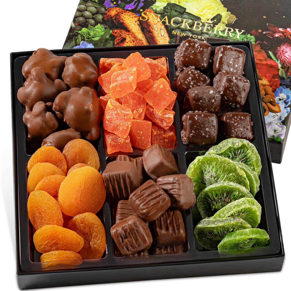 Snackberry Premium Gift Box with chocolate-coated pecans and sea salt caramels, ideal for festive gifting