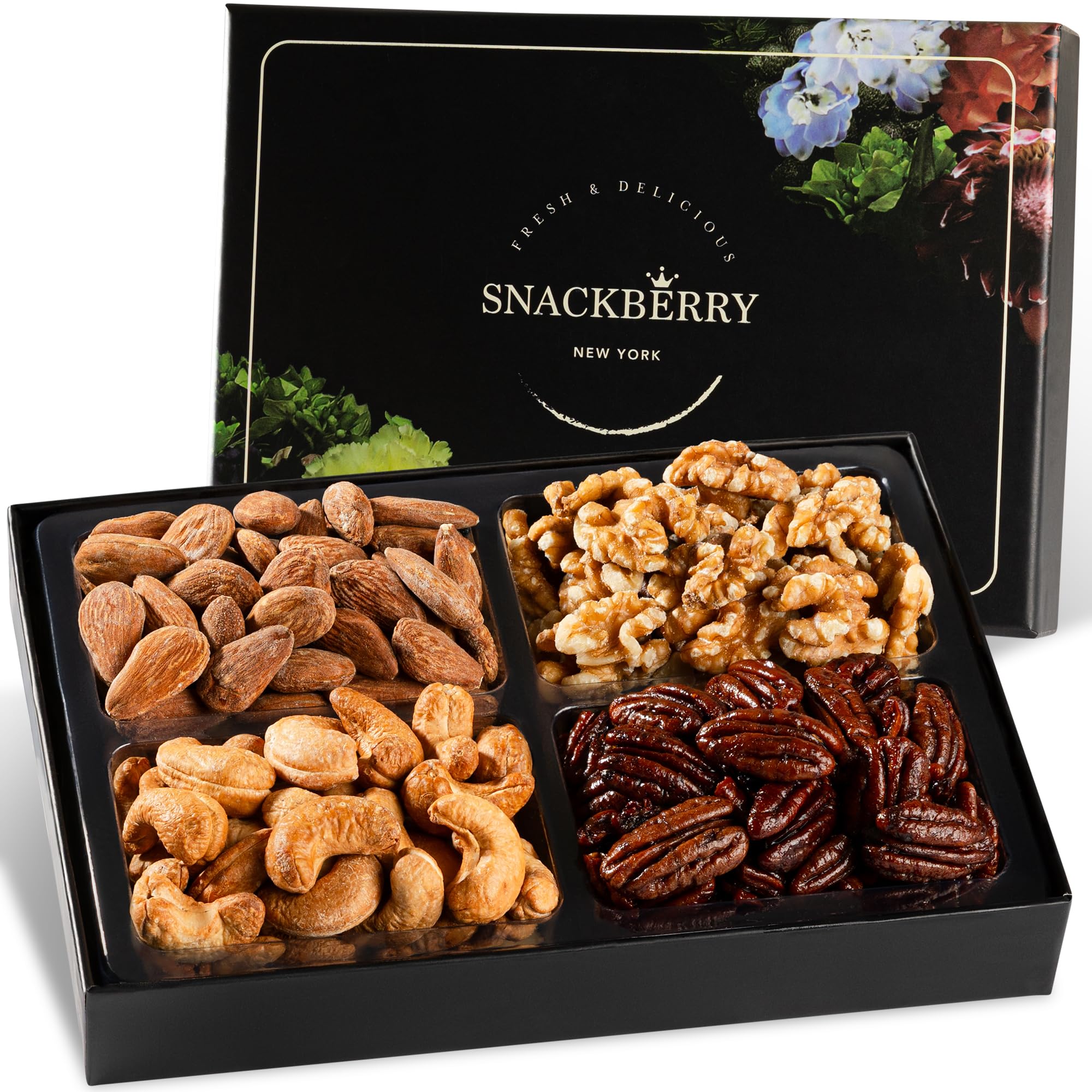 Snackberry Variety Nuts Gift Basket top view, premium assortment for celebrations