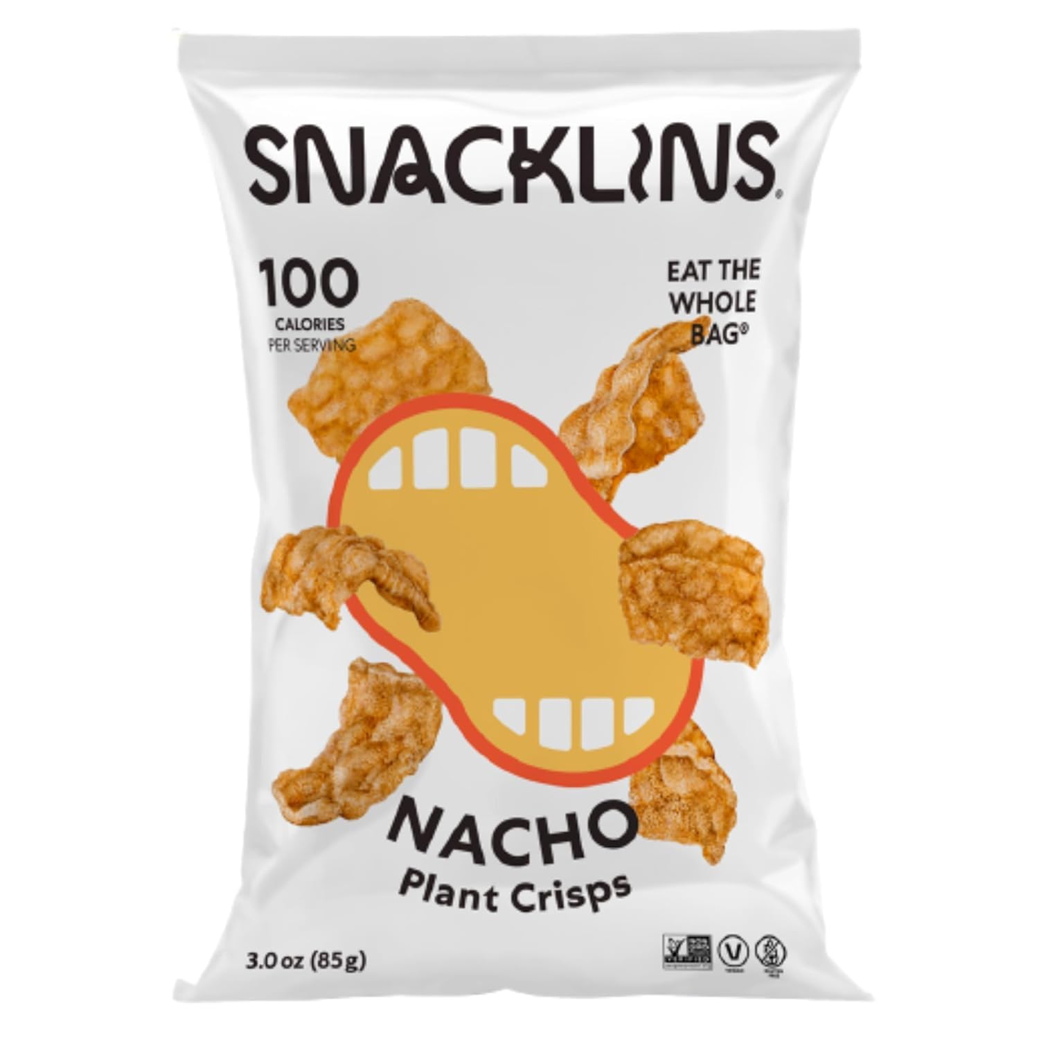 SNACKLINS Nacho Plant Crisps bag on shelf, a bold plant-based snack for on-the-go