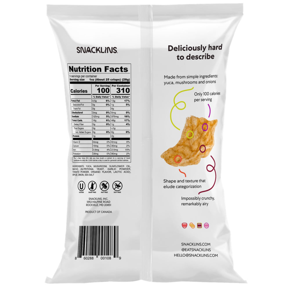 SNACKLINS Nacho Plant Crisps close-up reveals crisp texture, great for quick munch