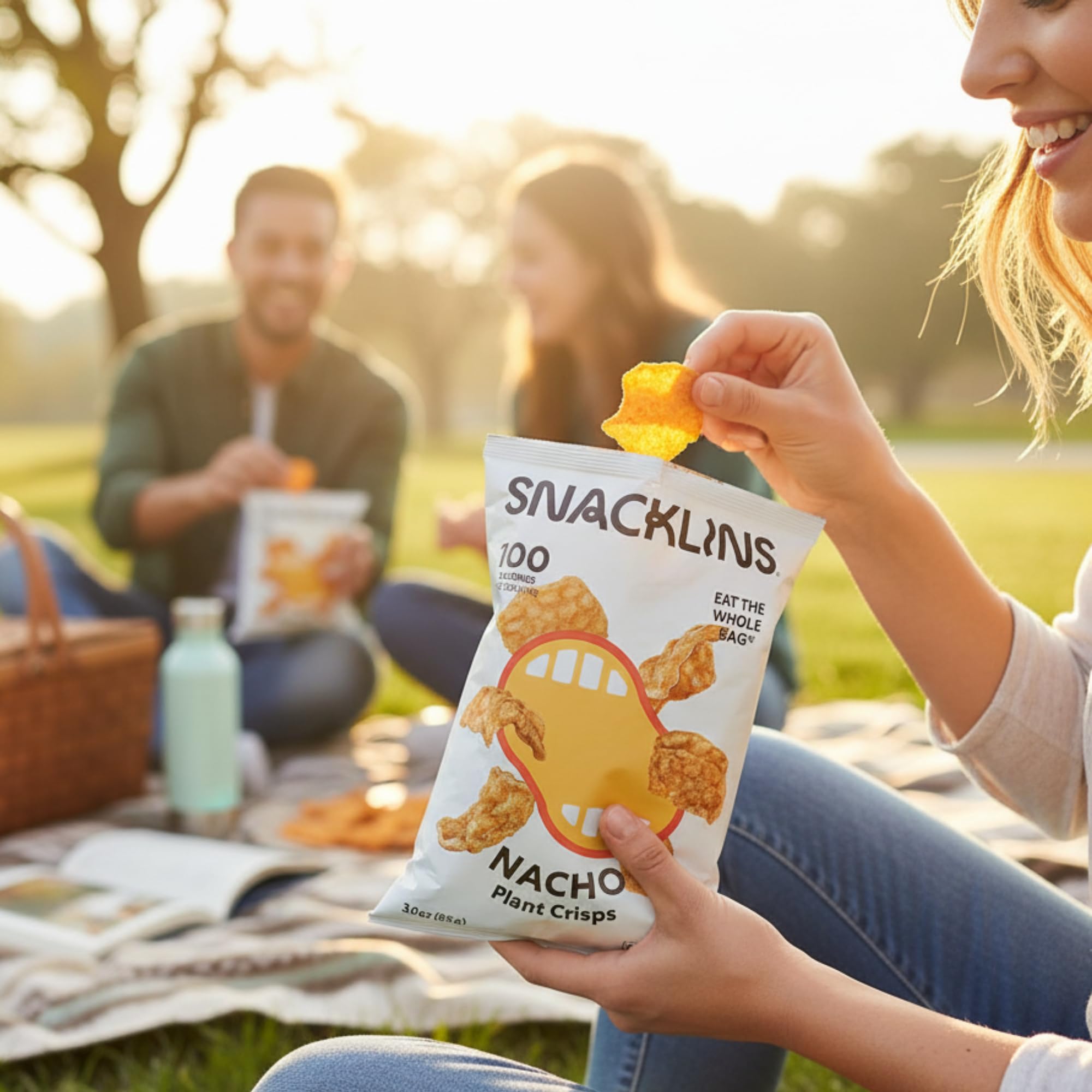 SNACKLINS Nacho Plant Crisps with dip nearby encourages tasty, quick snacking