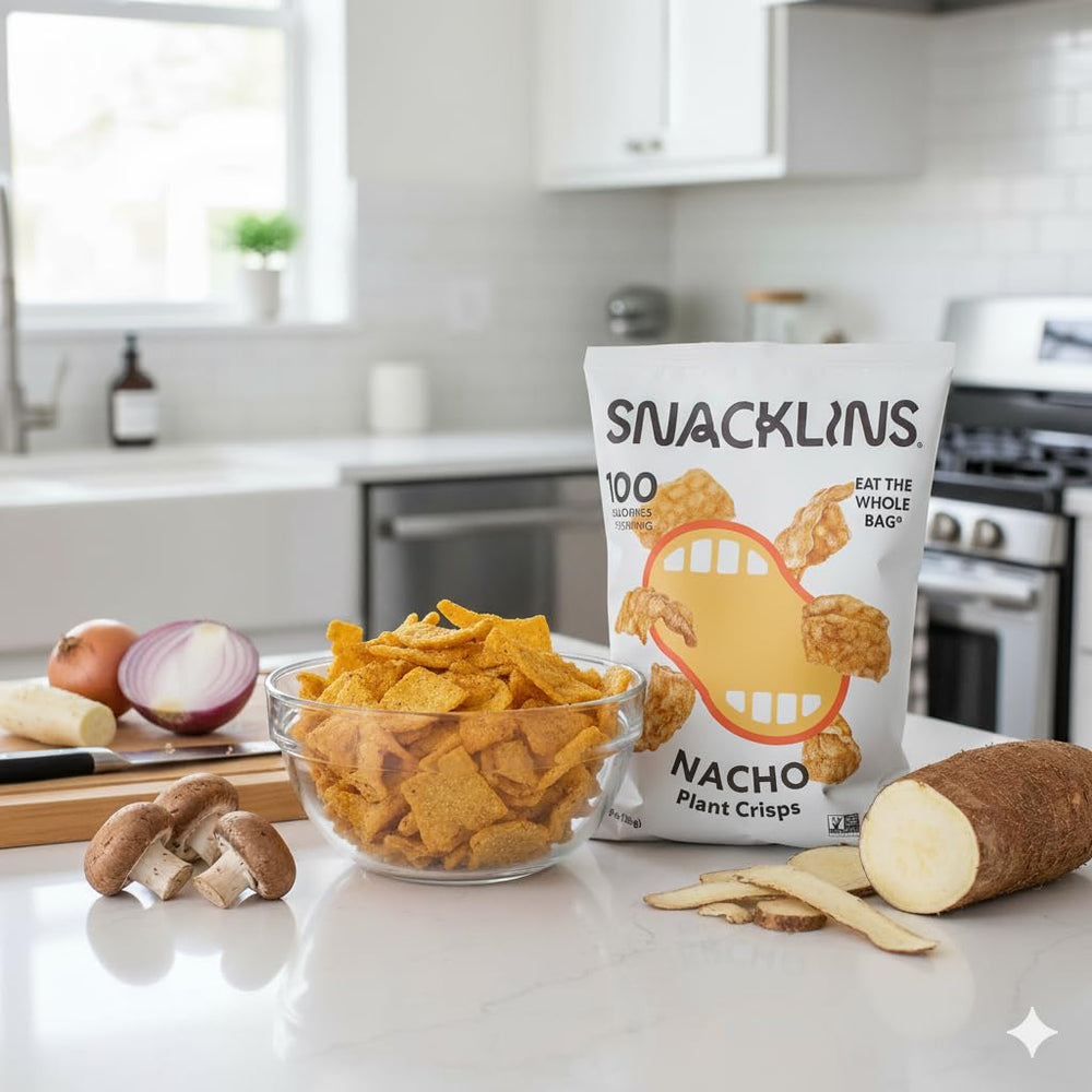 SNACKLINS Nacho Plant Crisps in a lunchbox, an easy plant-based snack