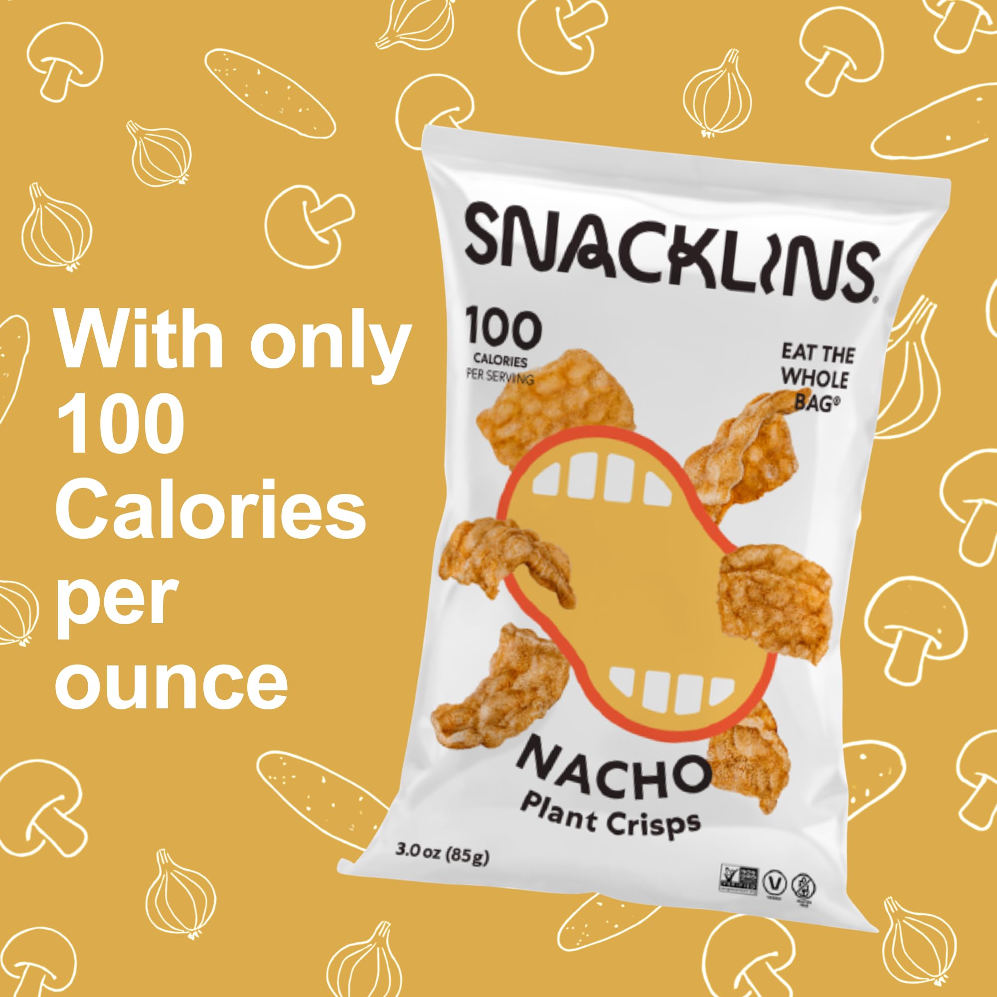 SNACKLINS Nacho Plant Crisps pack-shot highlights convenient 3 oz size