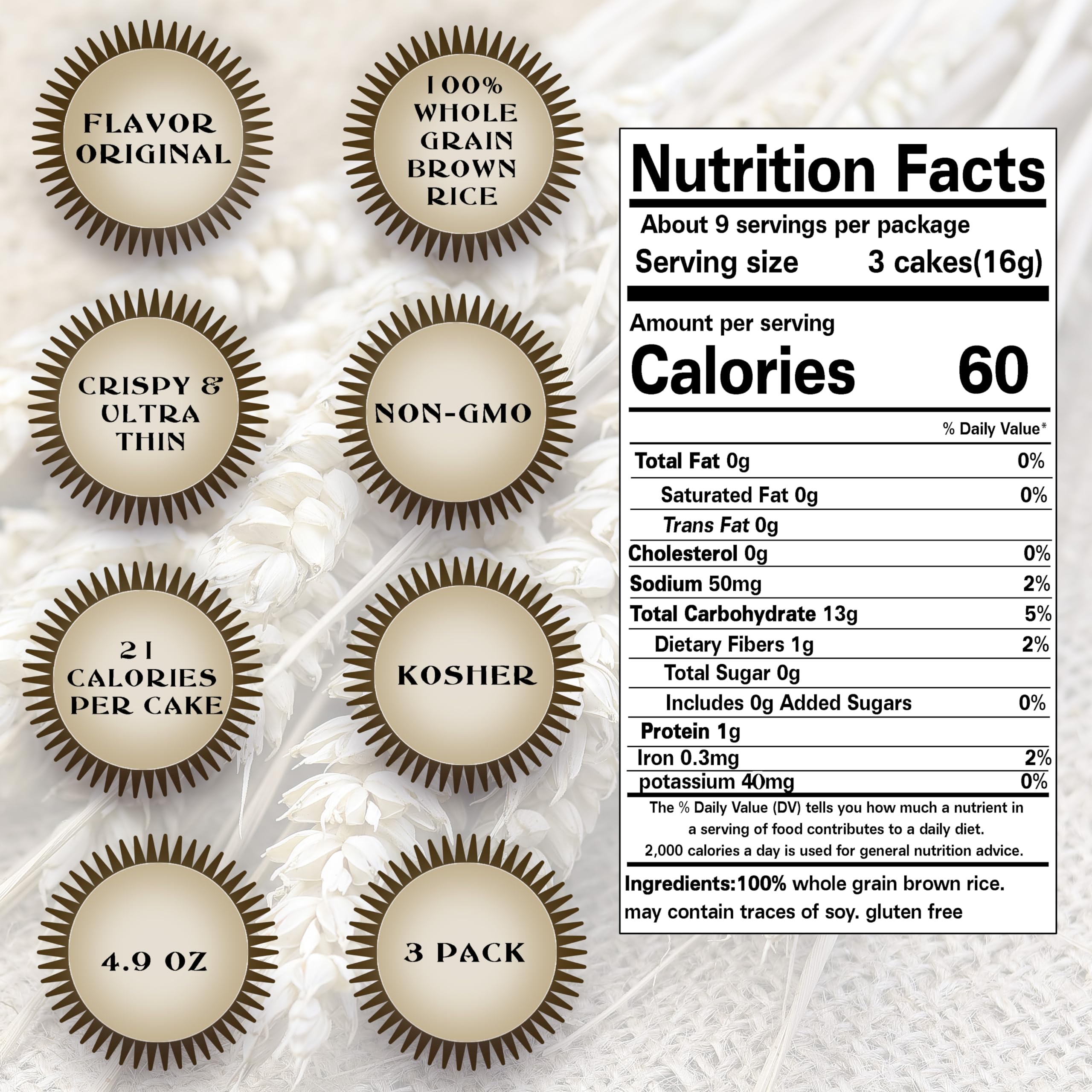 SNACKTERY Ultra Thin Rice Cakes salted pack back reveals ingredients and simple, natural goodness.
