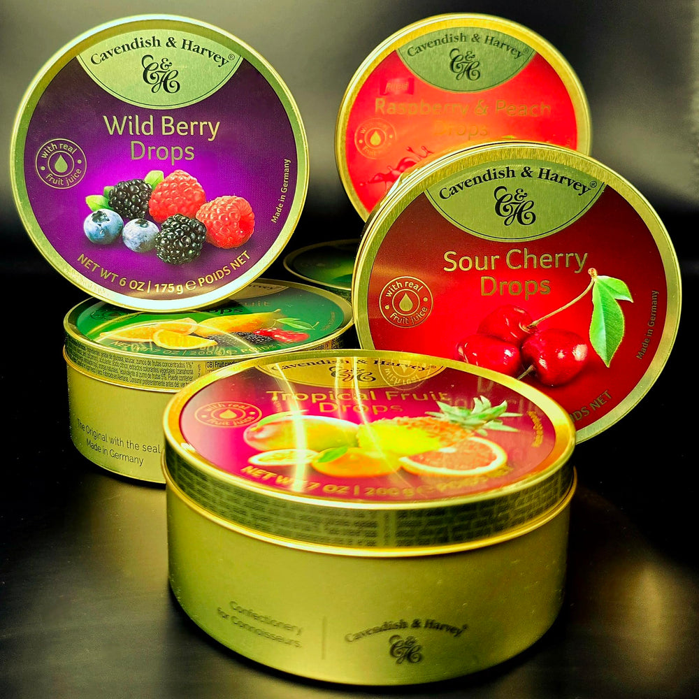 SnackWave Cavendish and Harvey Raspberry and Peach drops blend juicy notes in a sleek tin.