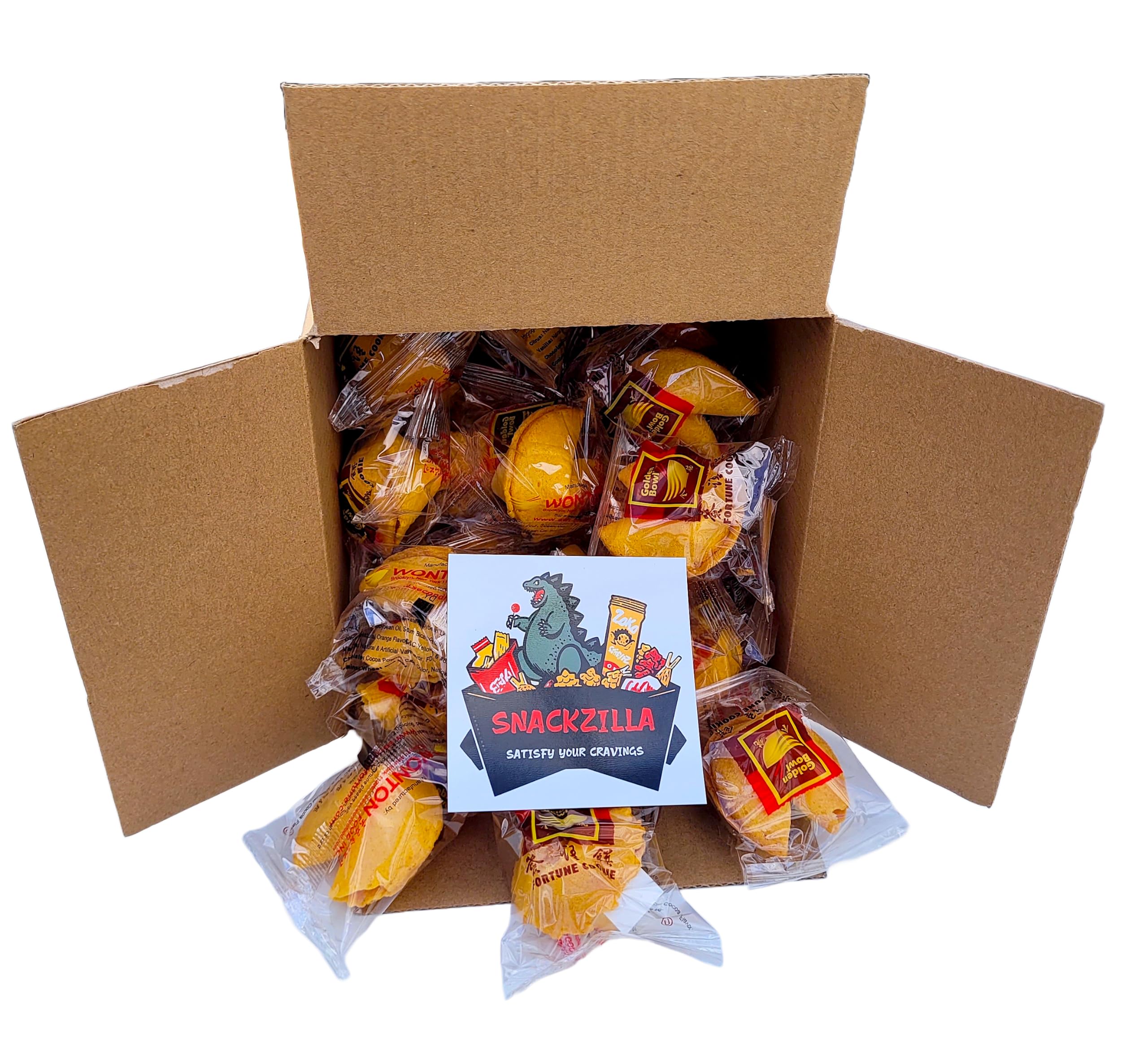 Snackzilla fortune cookies bulk pack on countertop, ready for events.