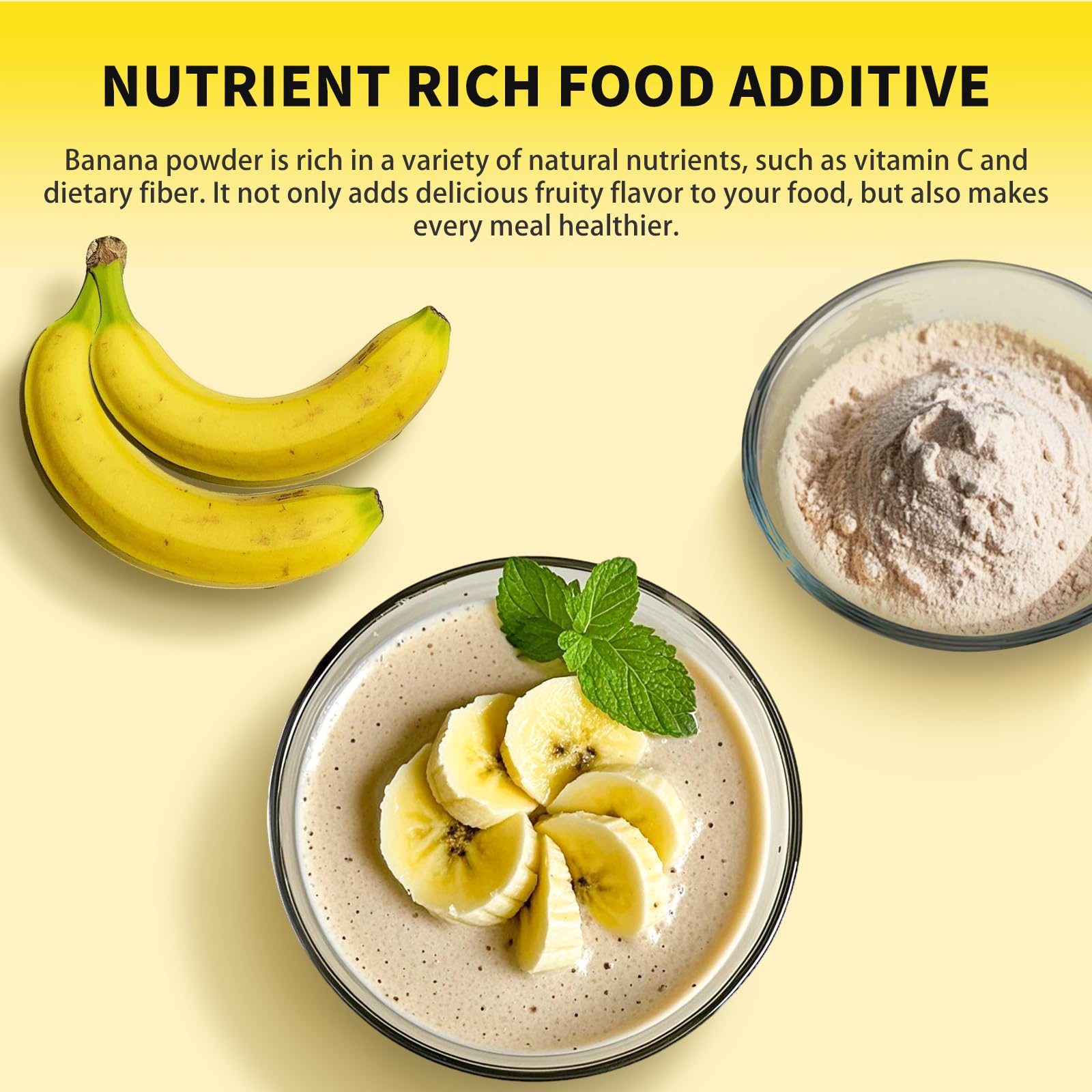 Snafre Banana Powder bowl with yogurt highlights versatile breakfast pairings.