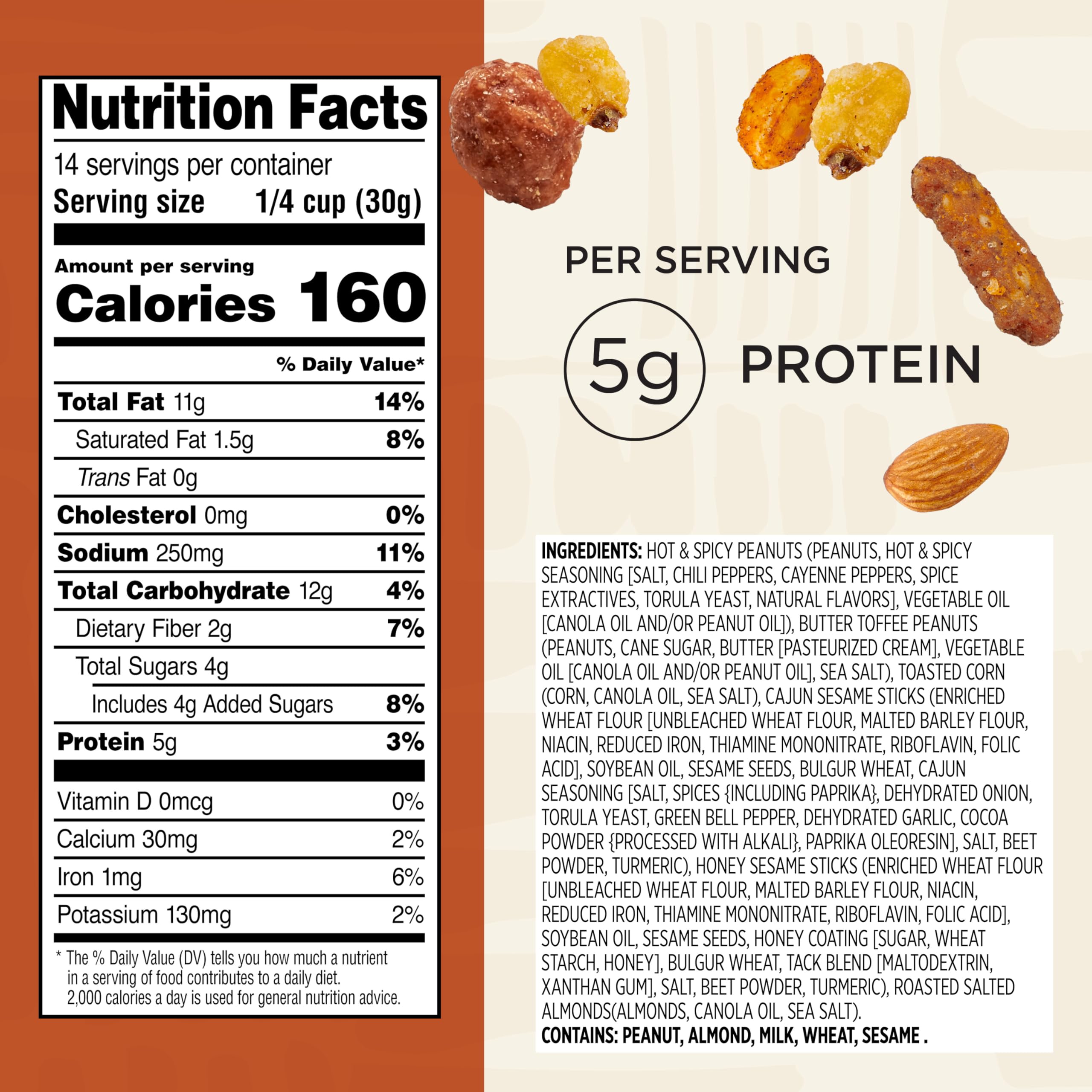 Snak Club Cajun Style Snack Mix butter toffee peanuts for a sweet, savory bite.