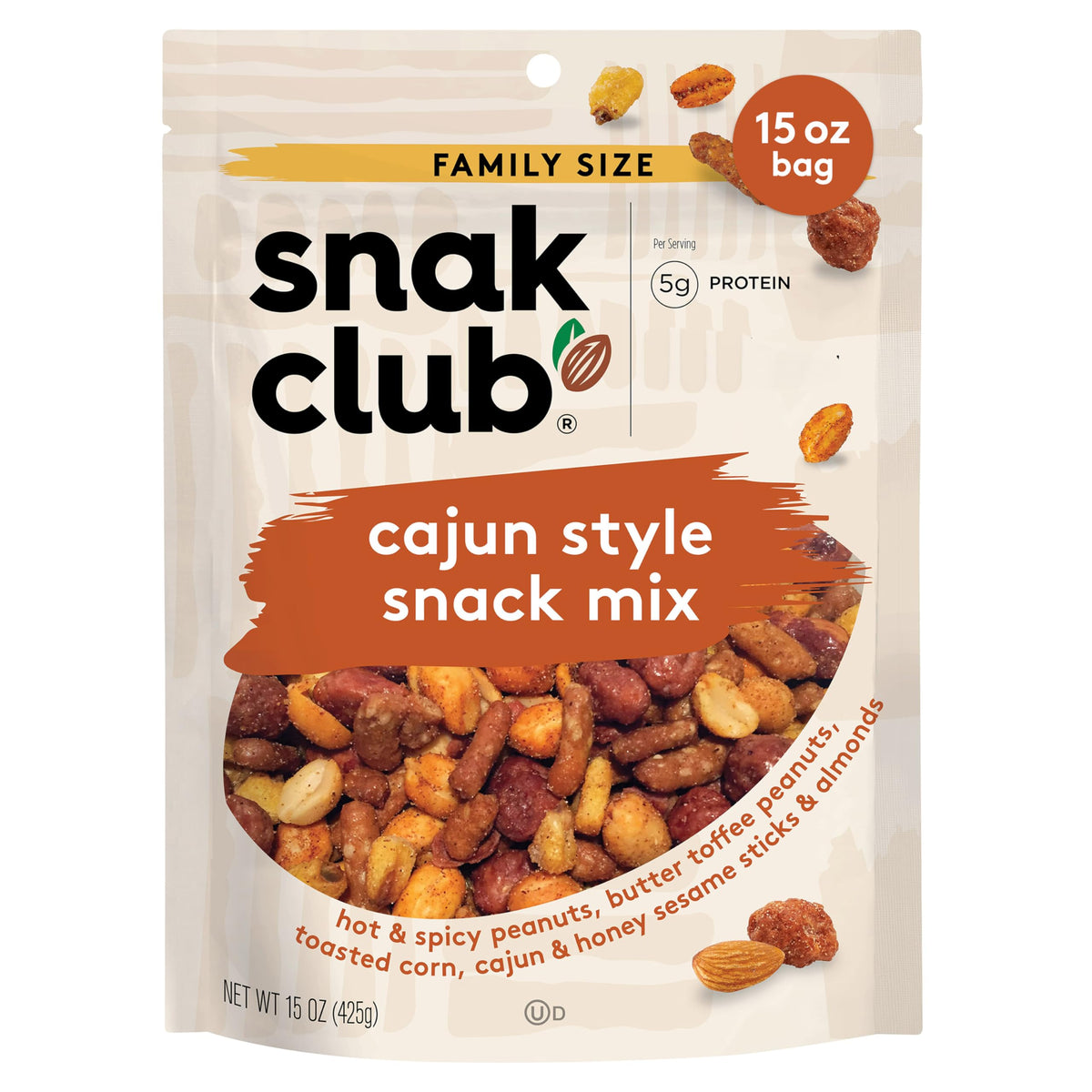 Snak Club Cajun Style Snack Mix hot peanuts for bold crunch on the go.