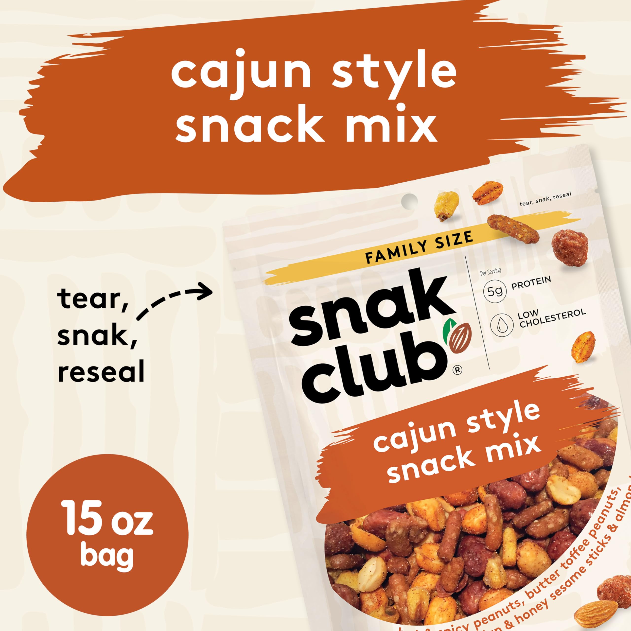 Snak Club Cajun Style Snack Mix toasted corn adds crunchy texture.