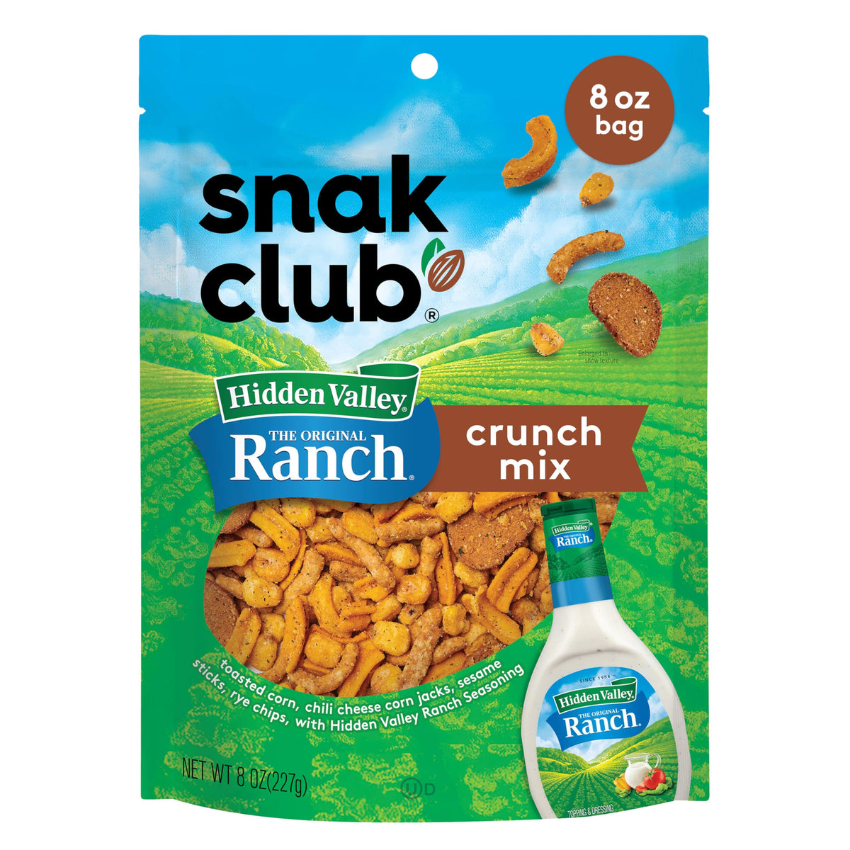 Snak Club Crunch Mix with Hidden Valley Ranch seasoning in a bag ready for sharing
