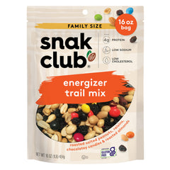 Snak Club Energizer Trail Mix packaging front, gluten-free and kosher on-the-go snack