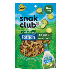 Snak Club Hidden Valley Ranch and Dill Pickle snack mix bag with tangy flavors for on-the-go snacking.